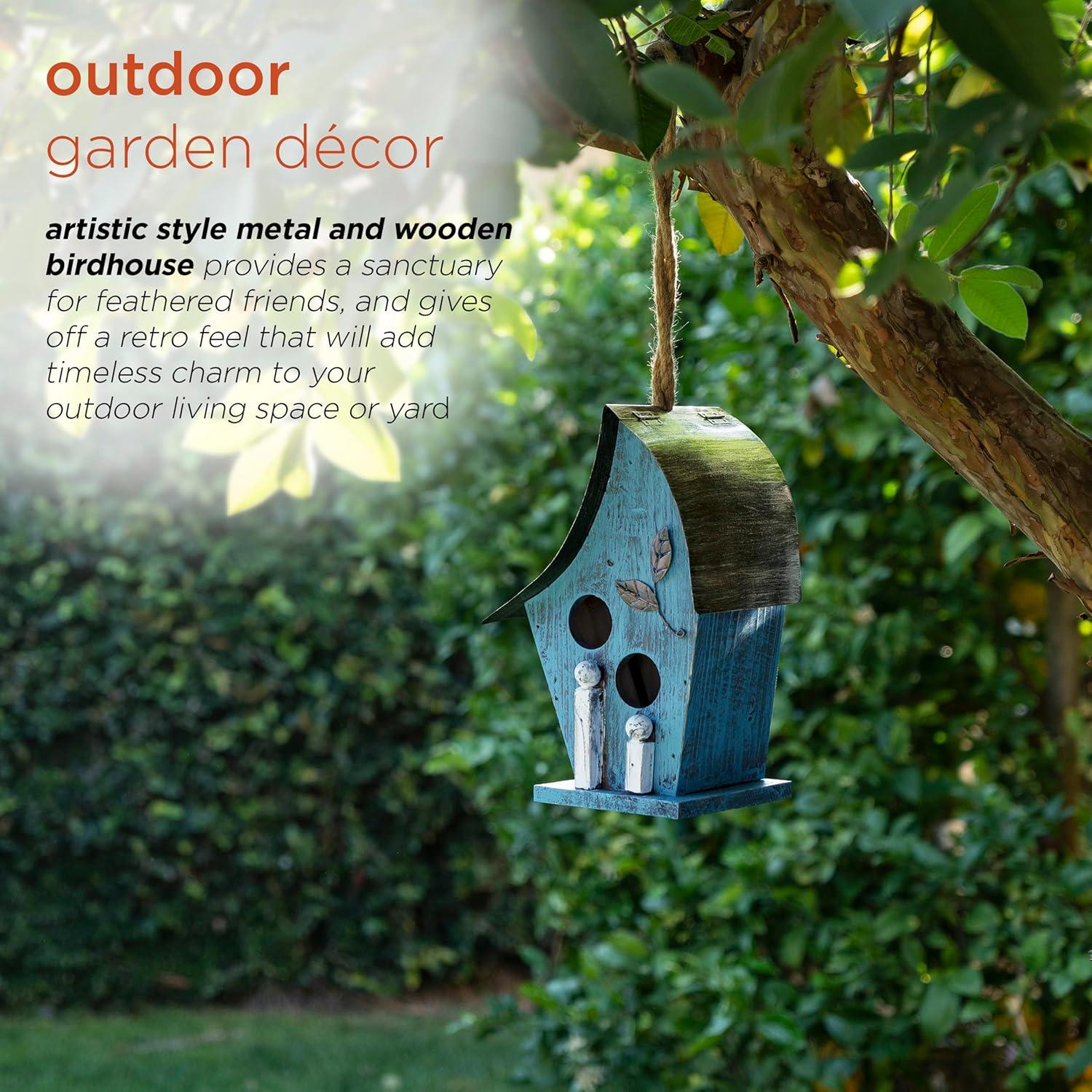 21" Tall Blue Distressed Wood and Metal Hanging Birdhouse