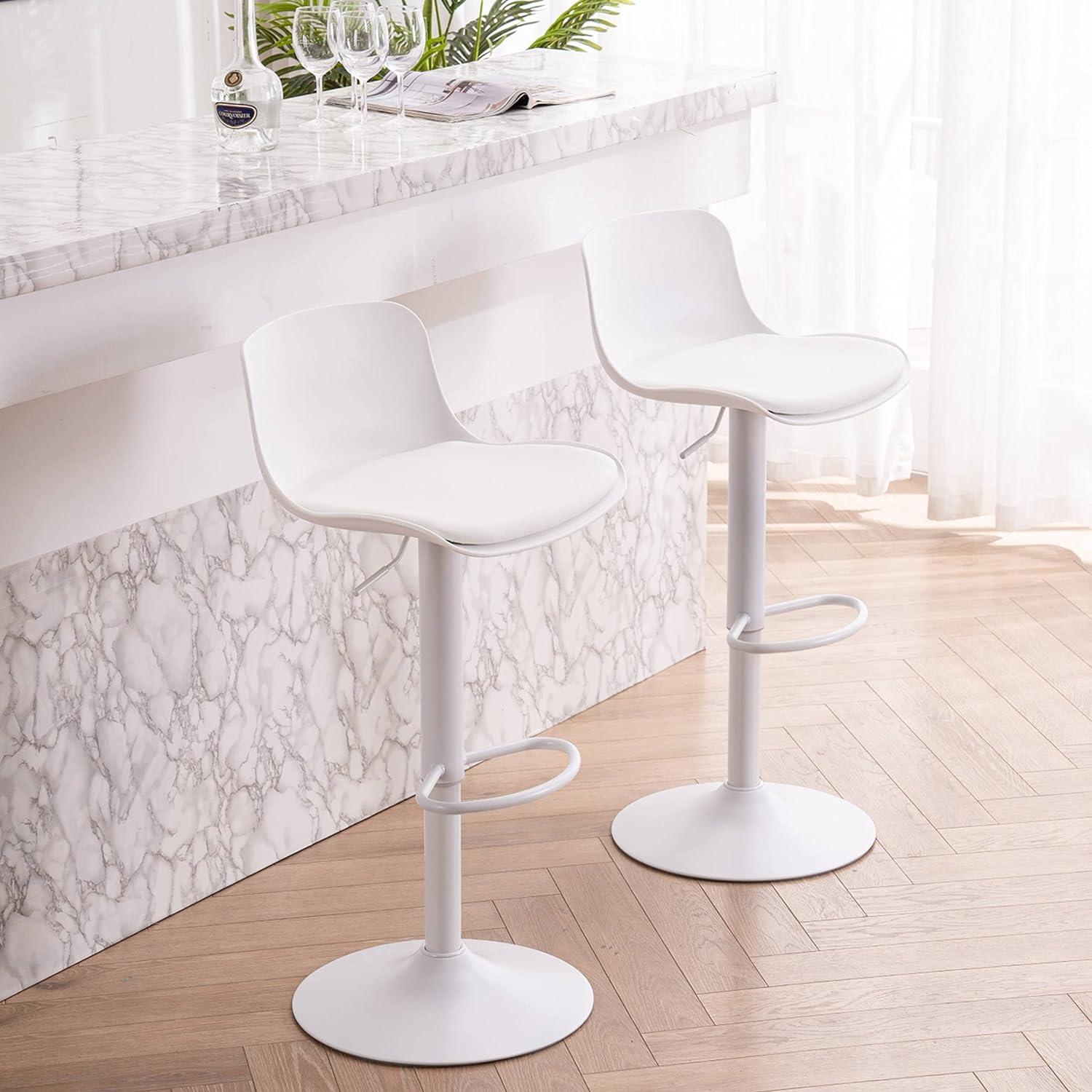 Height Adjustable Swivel PP Bar Stool with PU Padded Seat, White, Set of 2