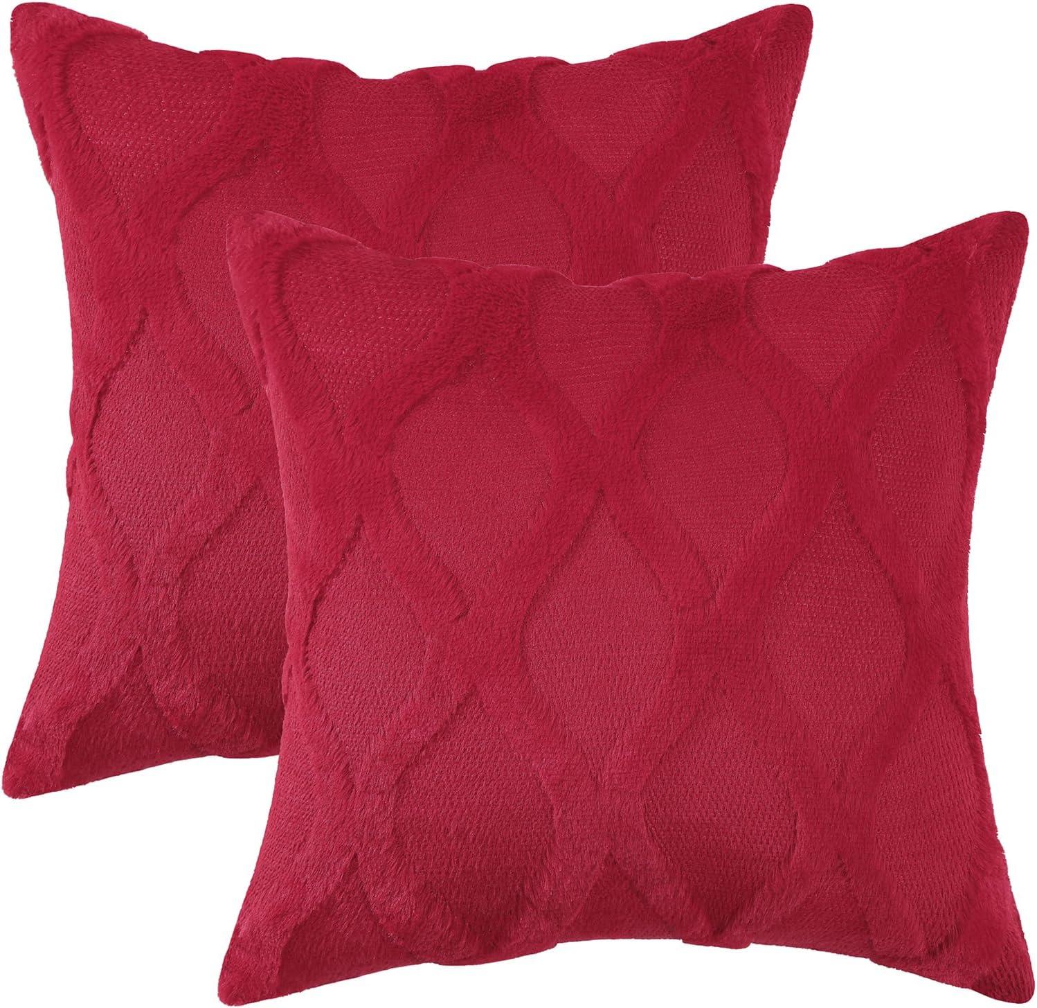 Red Plush Faux Wool Euro Throw Pillow Covers, 18x18 Inch, Set of 2