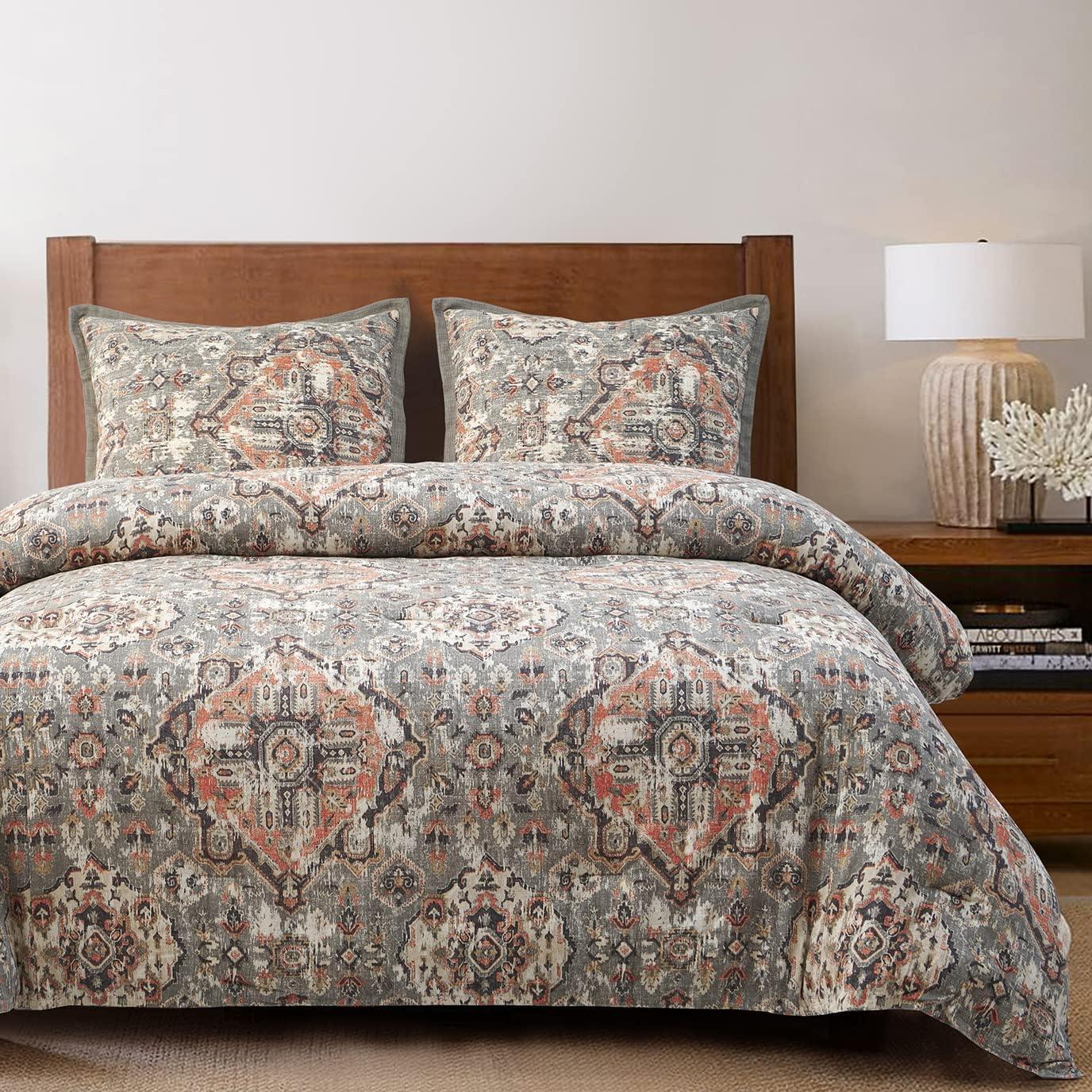 Gray Medallion Pattern Linen King Duvet Cover Set