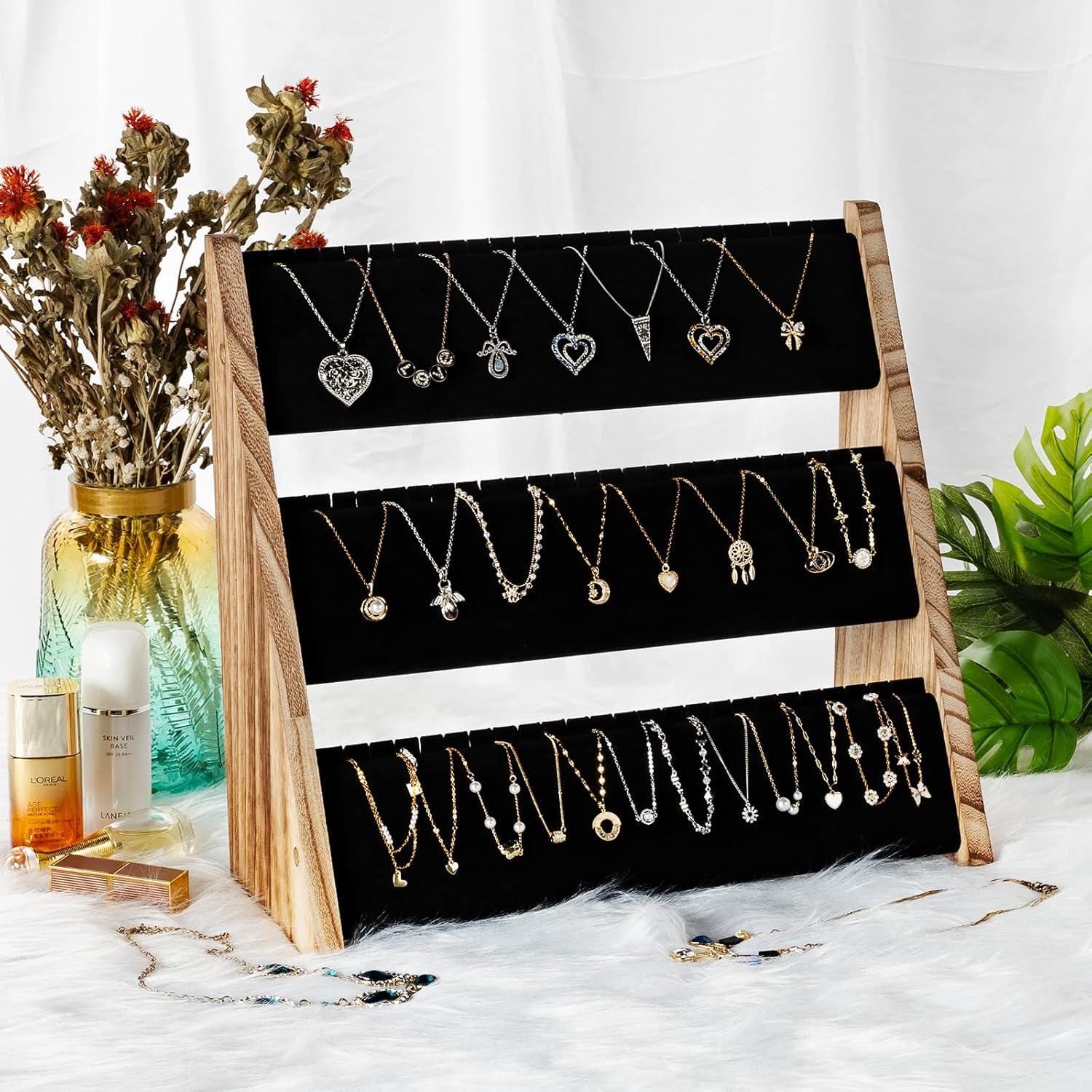 Rustic 3-Tier Natural Wood and Black Velvet Necklace Organizer Stand