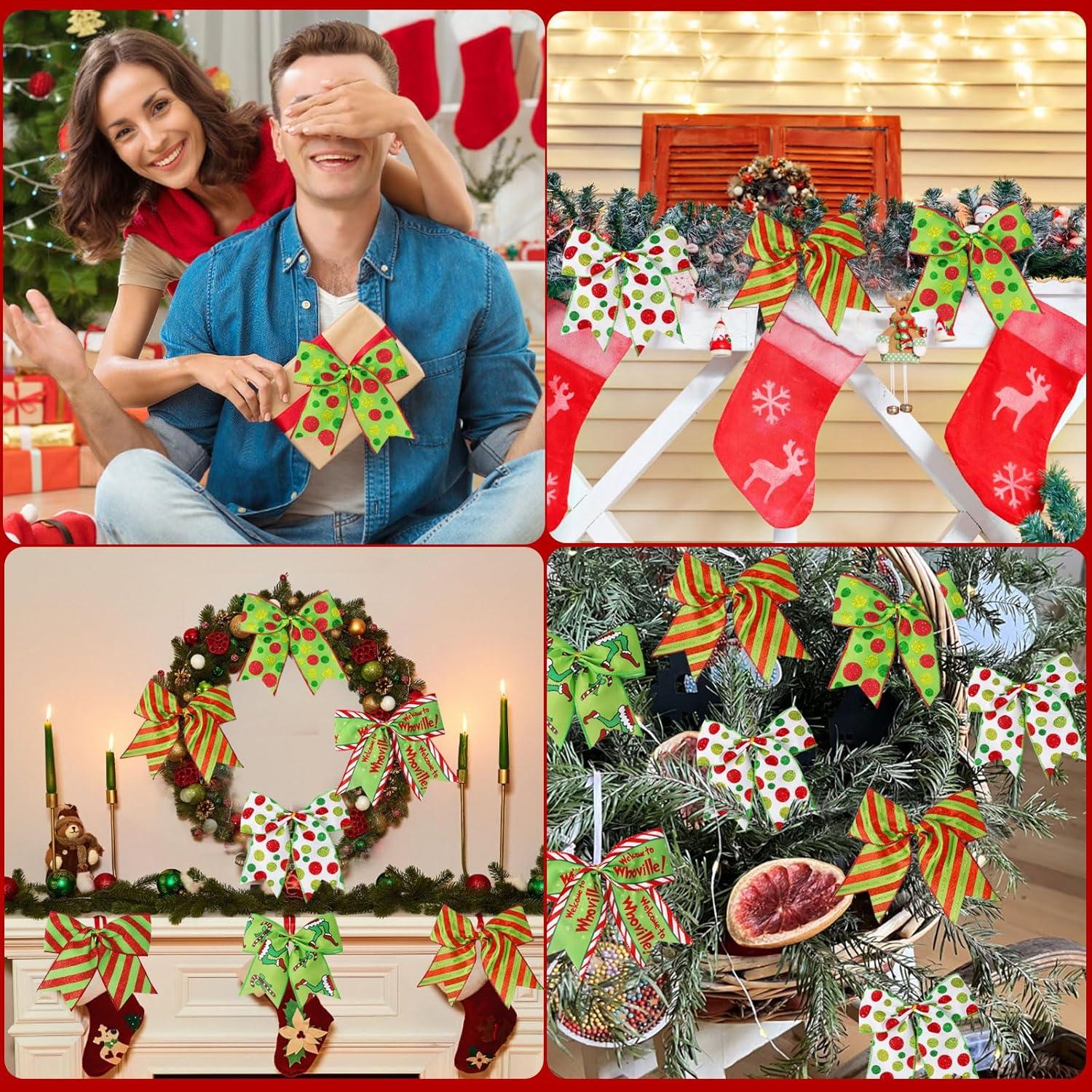 Sandistore Cute Cars 12pcs Christmas Tree Bows Ornaments 6 Inch Large Christmas Wreath Bows Red Green Xmas Tree Bows Christmas Glitter Dot Bows Ribbons Decoration For Garland Diamonds for Crafts