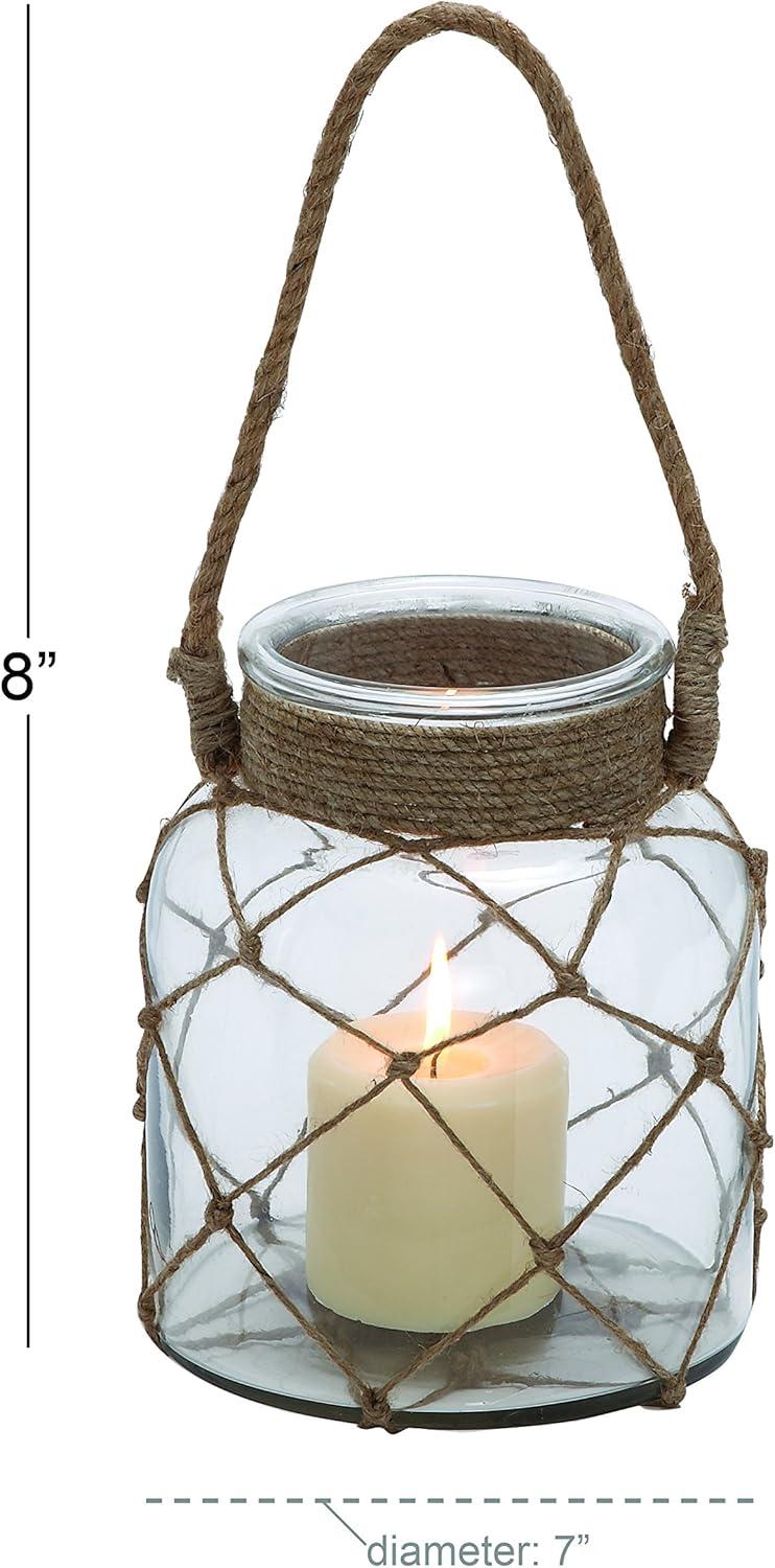 Coastal Charm Rustic Glass Candle Lantern with Jute Rope, 7"x8"