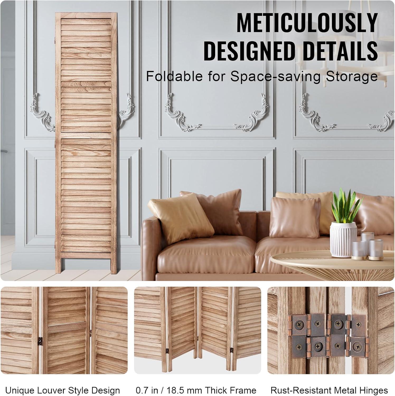 Wood Room Divider, 8 Panel Wood Folding Privacy Screen, 66.9 in. Tall Indoor Louvered Wooden Partition, Portable