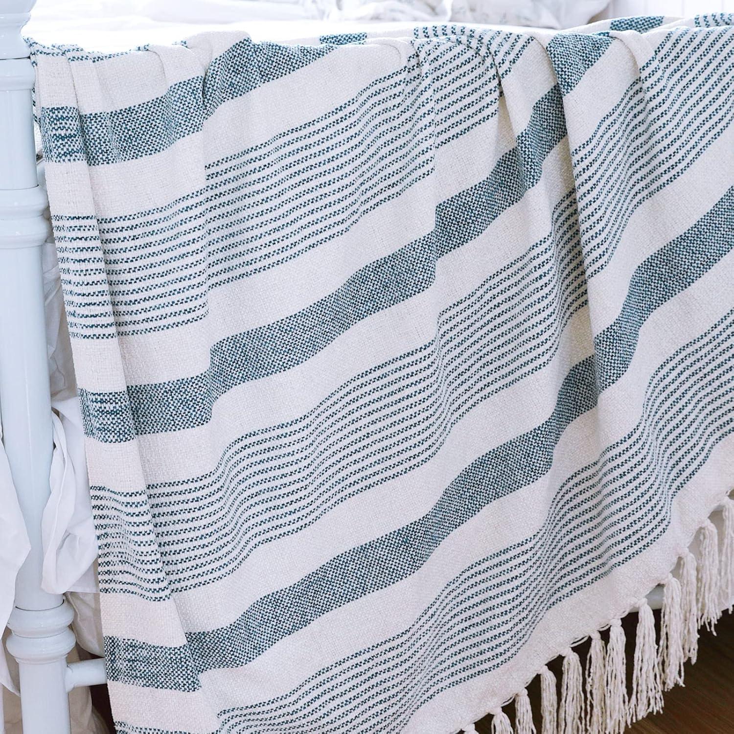 Blue and Ivory Chenille Striped Throw Blanket with Fringe