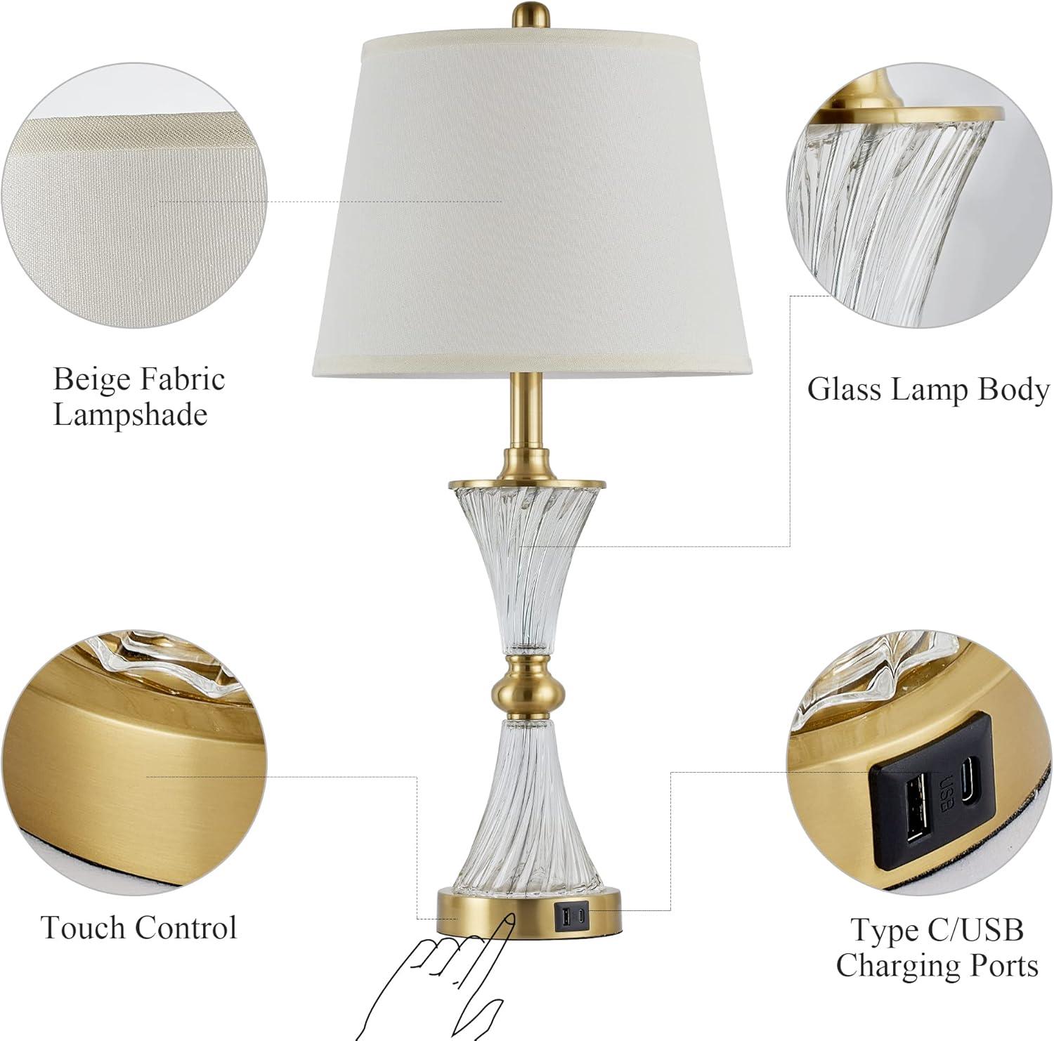 Touch Control Dimmable Table Lamps for Bedrooms, 3-Way Gold Crystal Bedside Lamp with USB Ports, Set of 2 Contemporary End Table Lamps with White Drum Shade for Living Room Reading, LED Bulbs Included