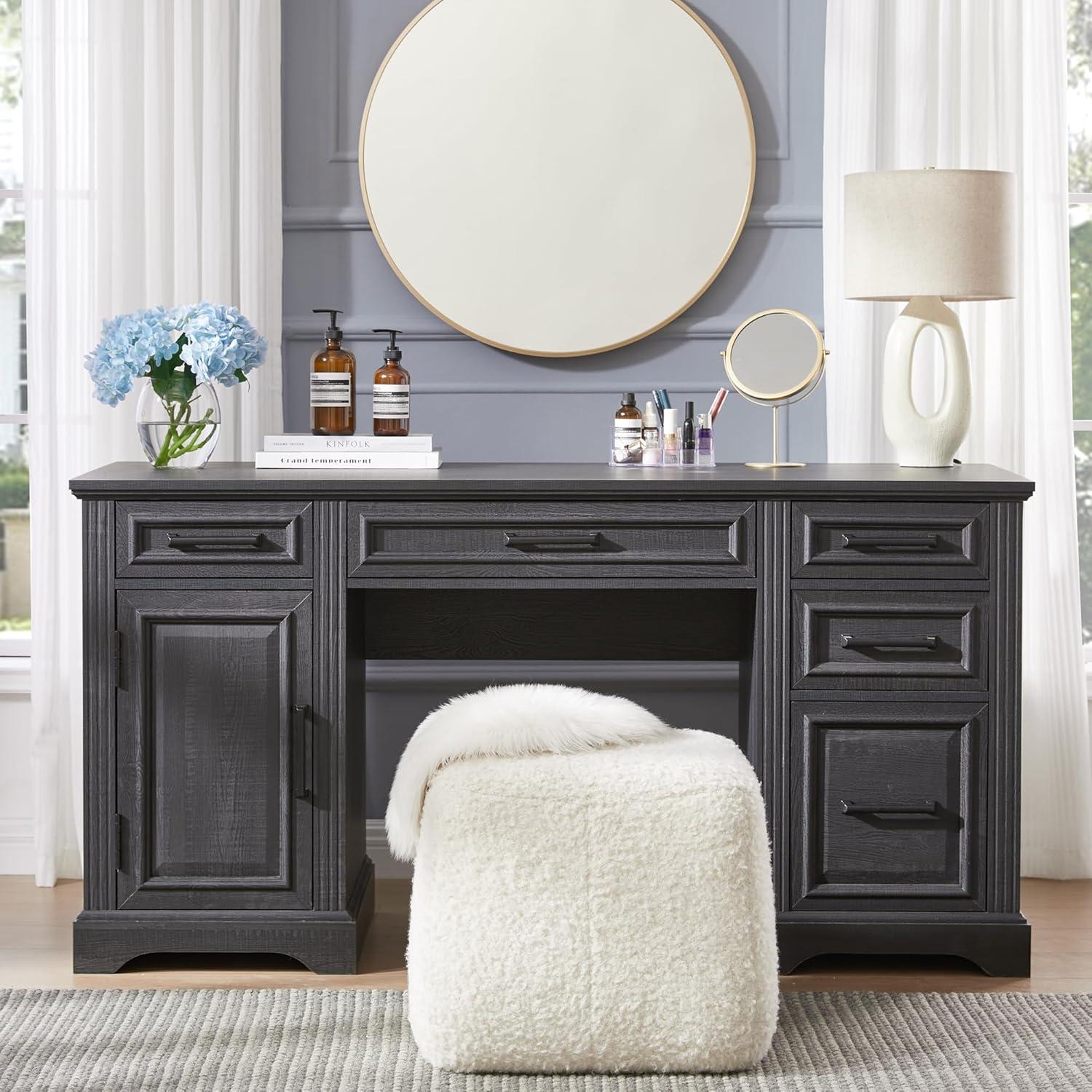 Black Wood Executive Desk with Drawers and Filing Cabinet