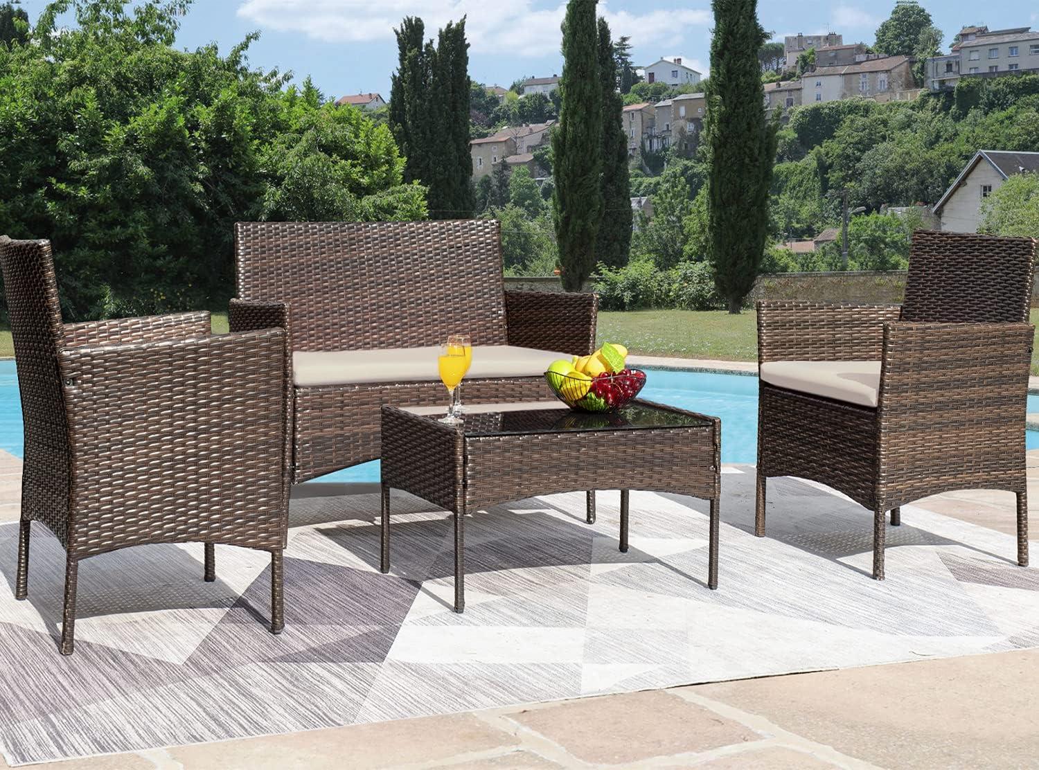 Brown and Beige Wicker Rattan 4-Piece Patio Furniture Set with Cushions