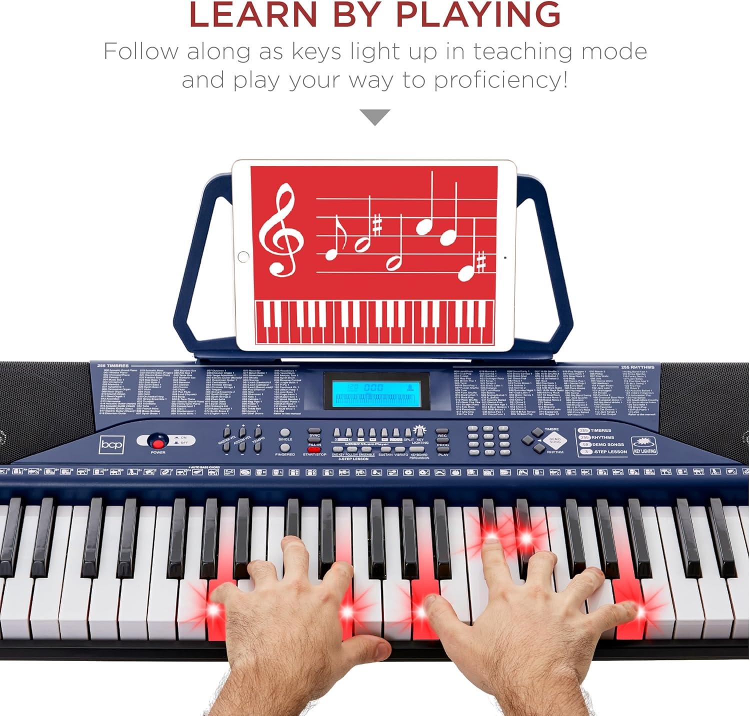 Best Choice Products 61-Key Beginners Complete Electronic Keyboard Piano Set w/ LCD Screen, Lighted Keys - Blue