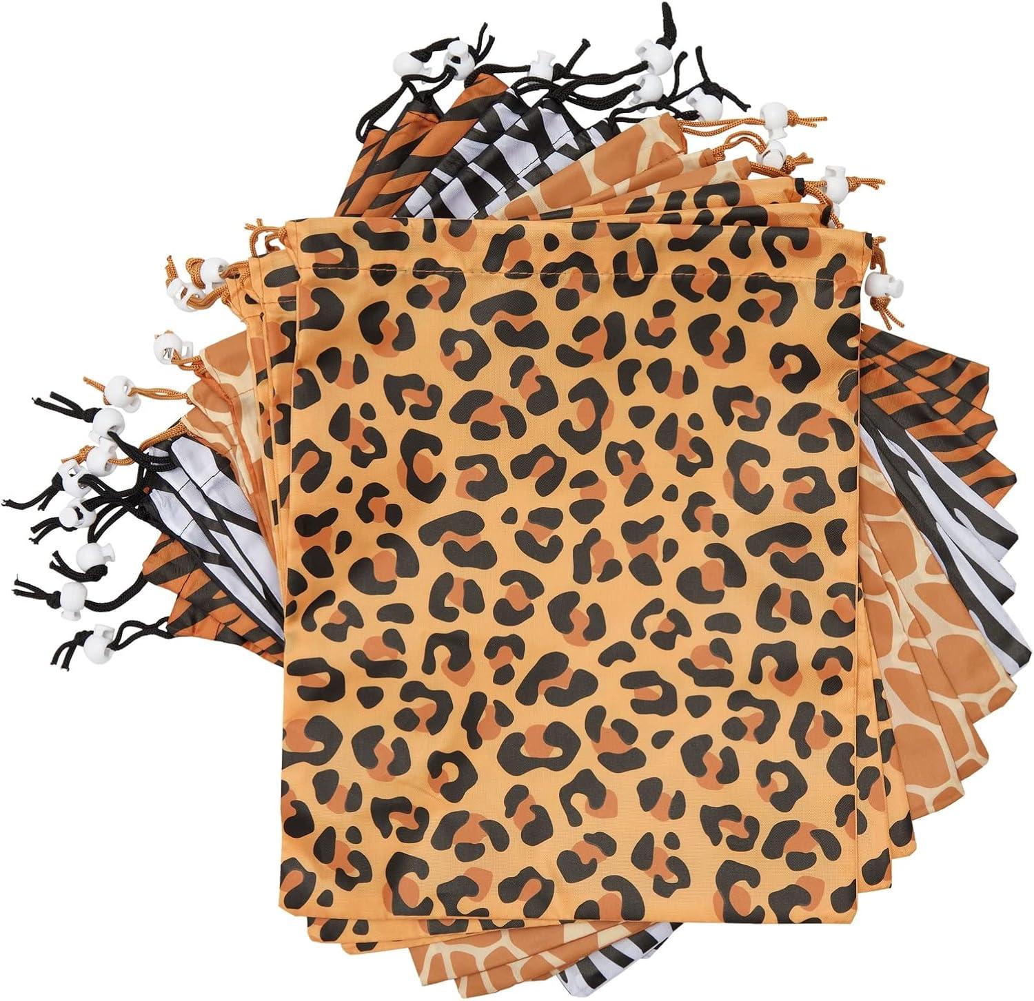 12 Pack Animal Print Drawstring Gift Bags for Jungle Safari Birthday Party, Baby Shower Favors, Goodies, Candy Treats (4 Designs, 10 x 12 In)