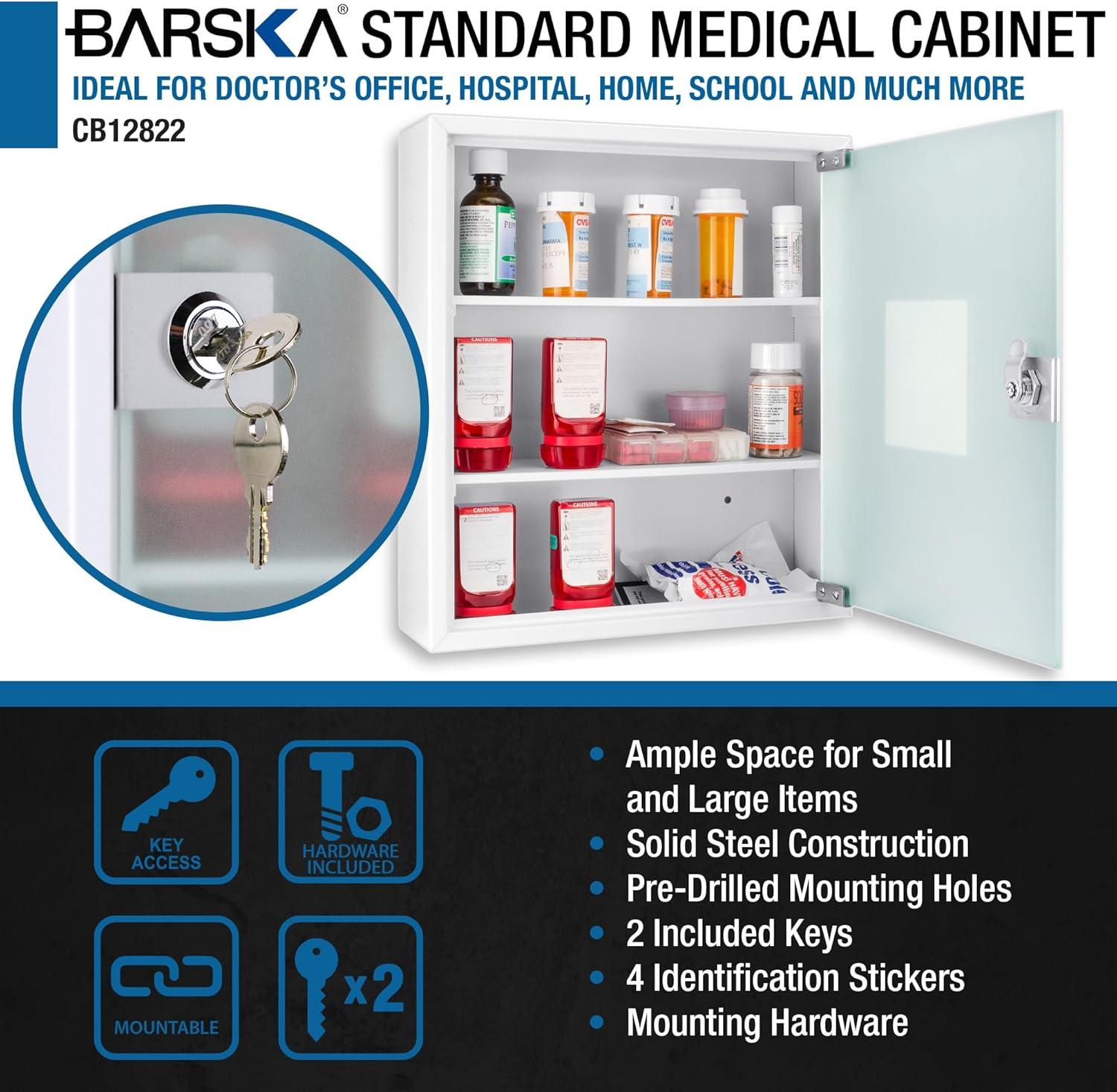 Barska Wall Mount Medical Security Cabinet with Key Lock – Standard Size, Includes Magnetic Erase Pad – for Medications, First Aid, or Supplies