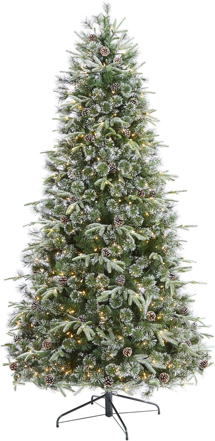 Nearly Natural 7.5-ft Snowed Tipped Clermont Mixed Pine Artificial Christmas Tree with 600 Clear LED Lights, Pine Cones and 1784 Bendable Branches