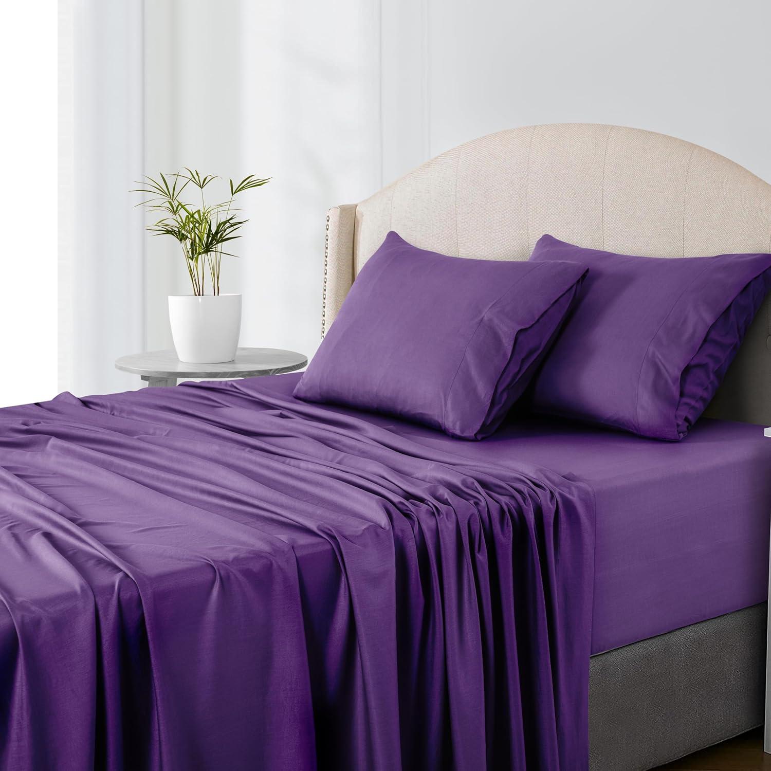 Twin 3 PC Piece Rayon From Bamboo Sheets Solid Deep Pocket Sheet Set - Purple