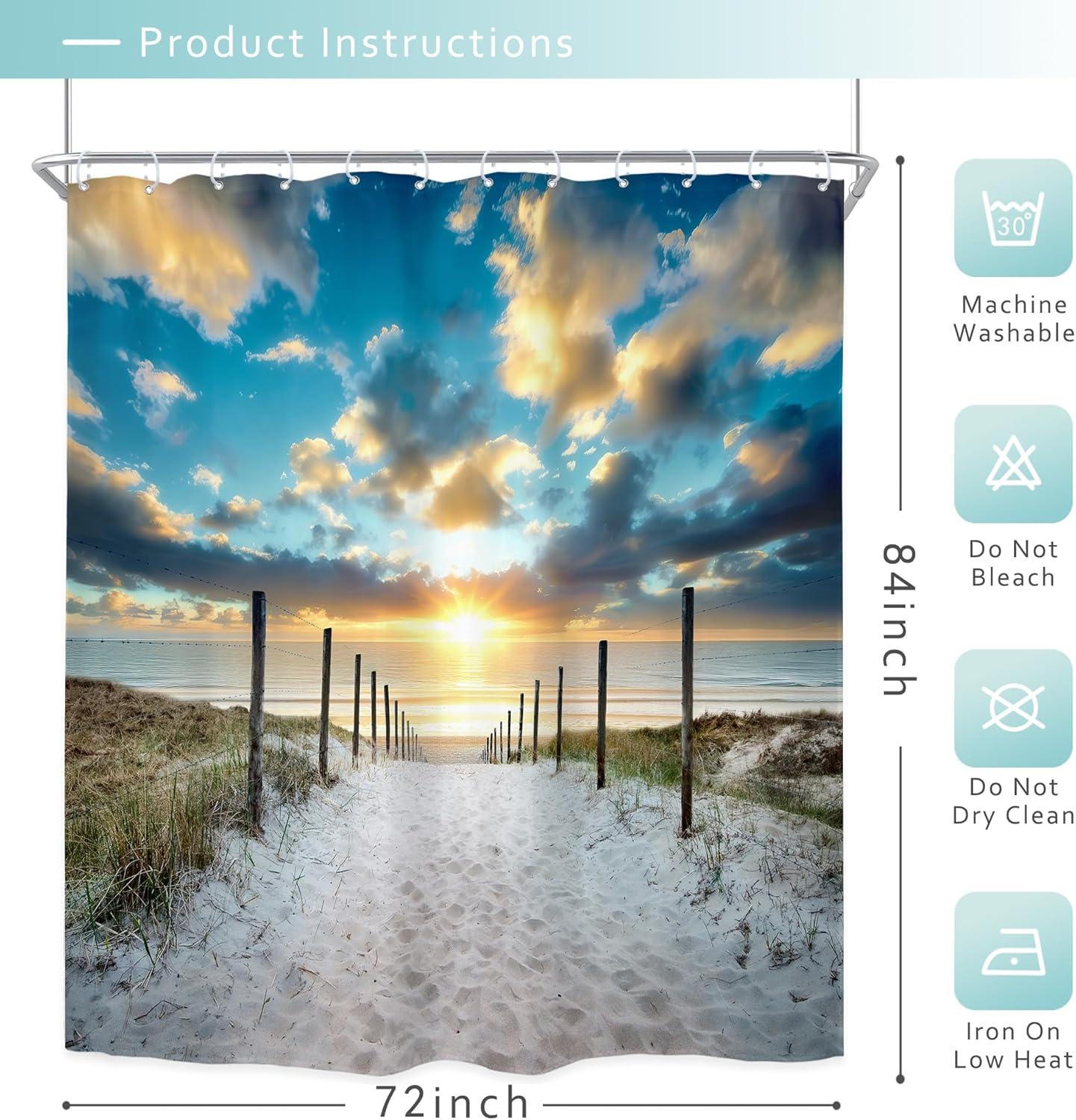 Riyidecor Ocean Beach Shower Curtain 72Wx72H Inch Beachy Coatsal Seaside Seashore Summer Tropical Sunset Nature Landscape Bathroom Decor Fabric Polyester Waterproof 12 Pack Hooks