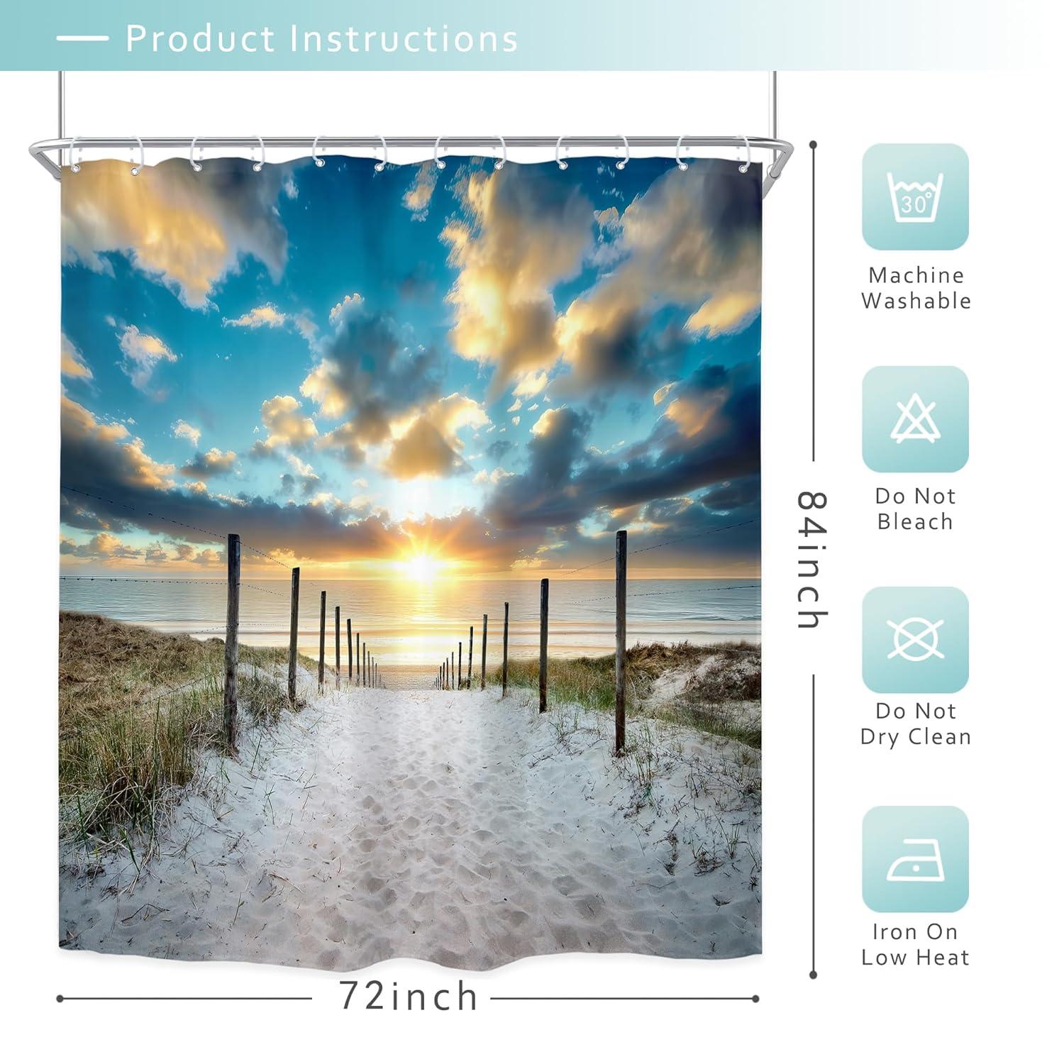 Riyidecor Ocean Beach Shower Curtain 72Wx72H Inch Beachy Coatsal Seaside Seashore Summer Tropical Sunset Nature Landscape Bathroom Decor Fabric Polyester Waterproof 12 Pack Hooks