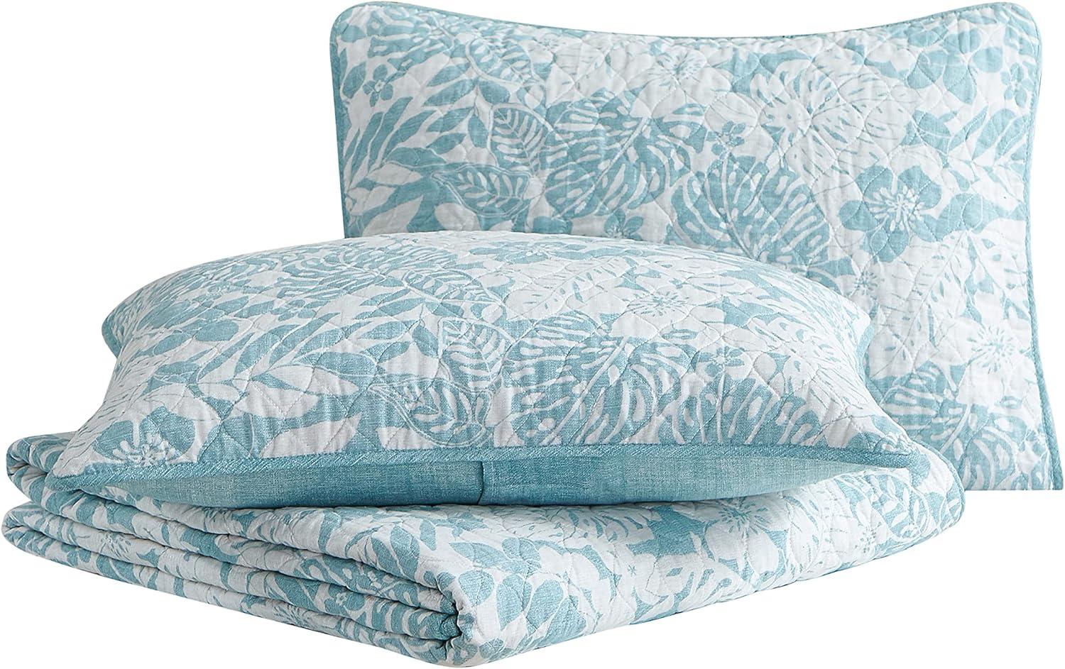 Tommy Bahama King Laguna Beach Quilt & Sham Set Turquoise: Reversible, Botanical Pattern, 3-Piece Set