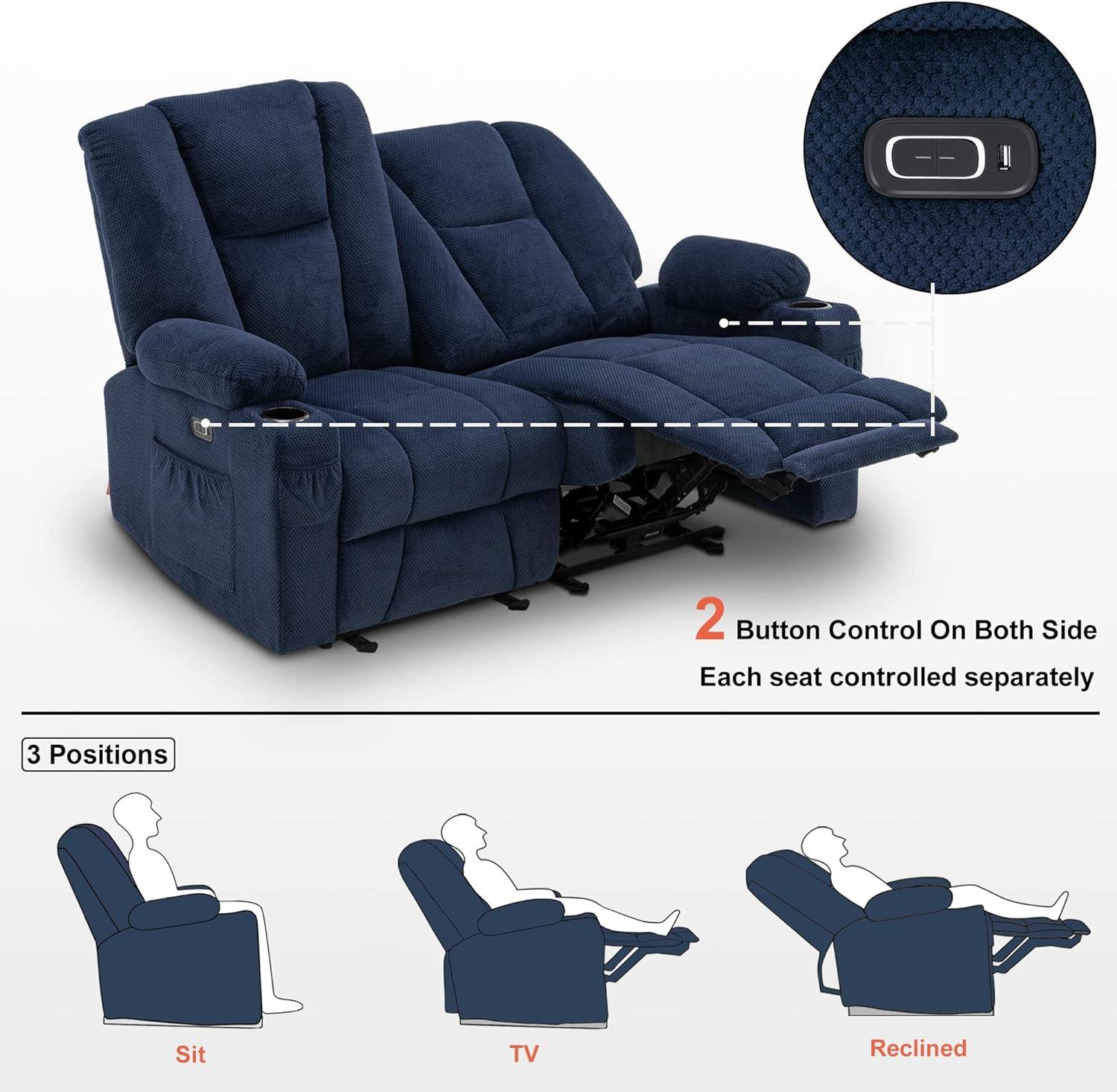 Navy Blue Fabric Reclining Loveseat with Cup Holders