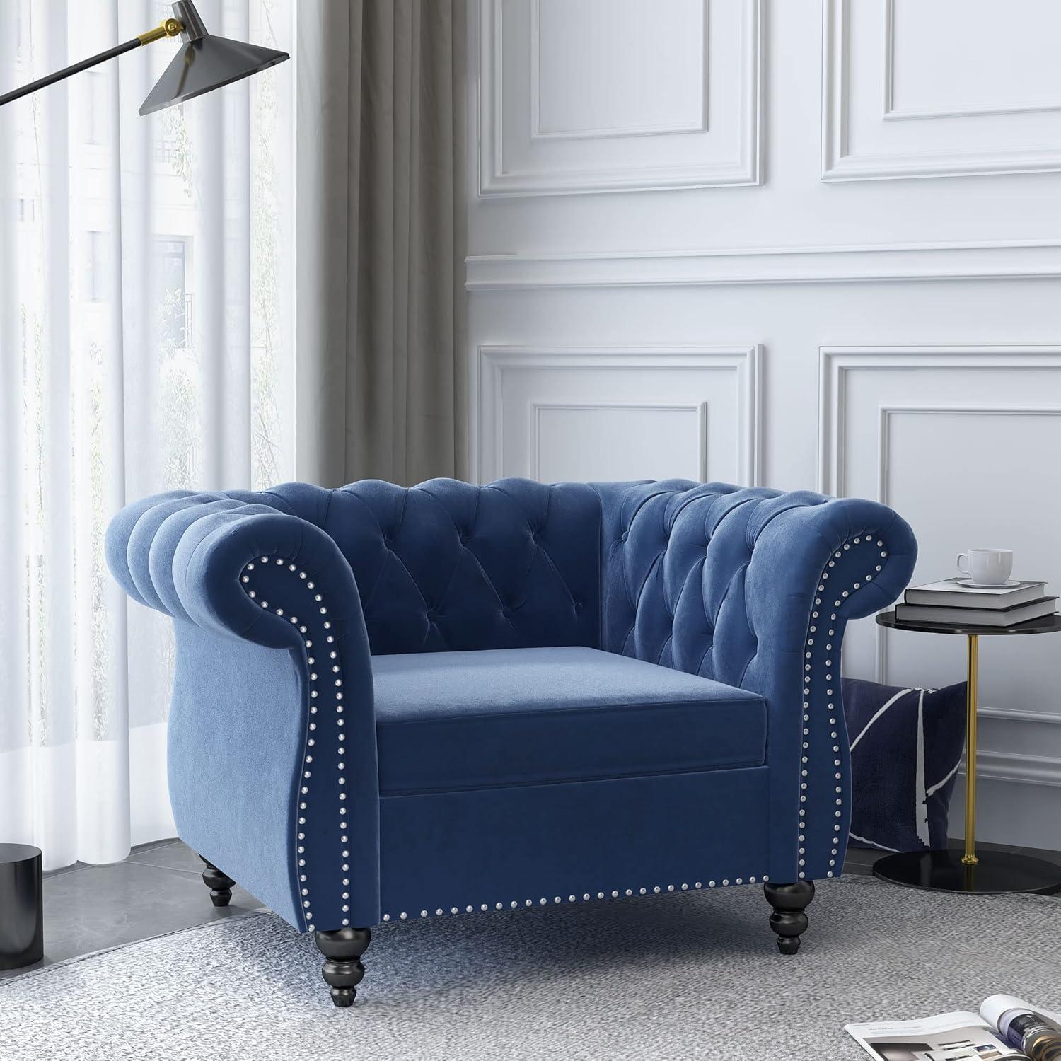 Blue Velvet Chesterfield Accent Chair with Wood Legs