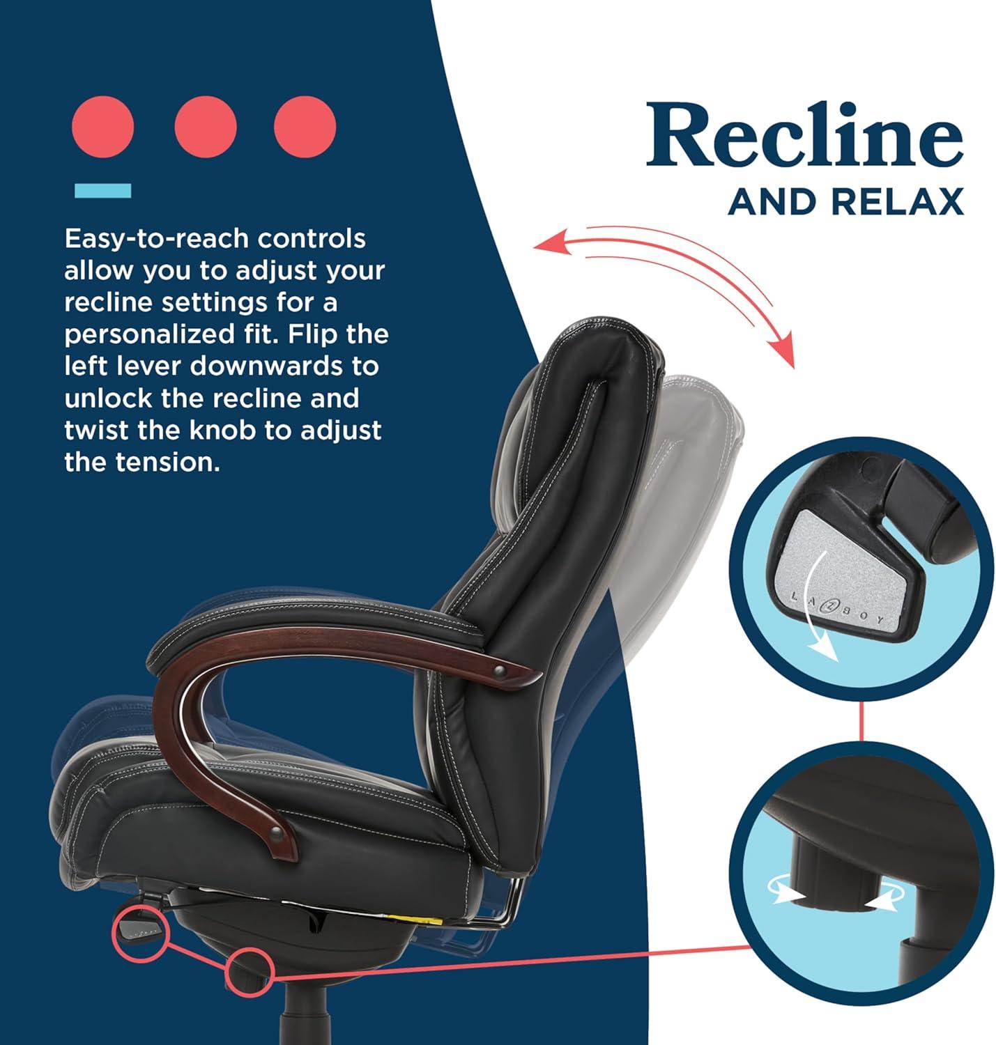 La-Z-Boy La-Z-Boy Bellamy Executive Office Chair with Memory Foam Cushions, Real Wood Arms and Swivel Base, Waterfall Seat Edge, Faux Bonded Leather