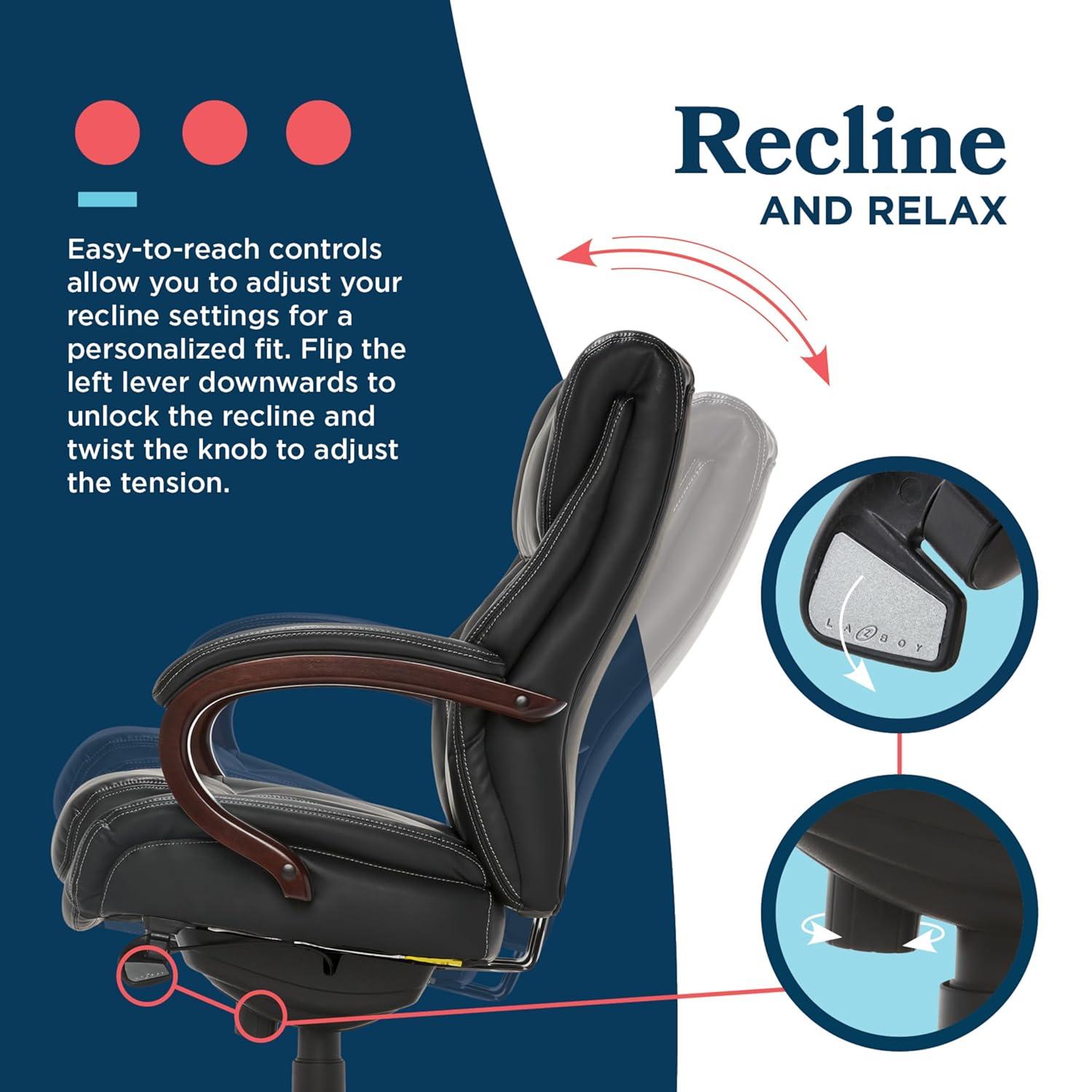 La-Z-Boy La-Z-Boy Bellamy Executive Office Chair with Memory Foam Cushions, Real Wood Arms and Swivel Base, Waterfall Seat Edge, Faux Bonded Leather