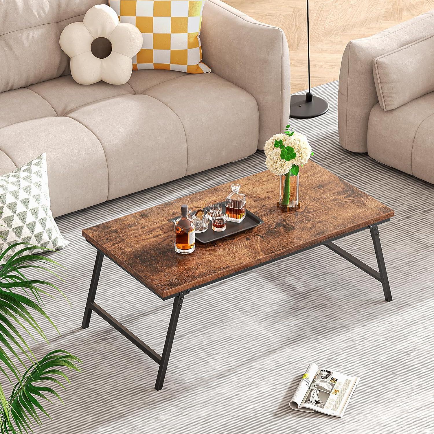 Rustic Brown Folding Coffee Table with Alloy Steel Legs