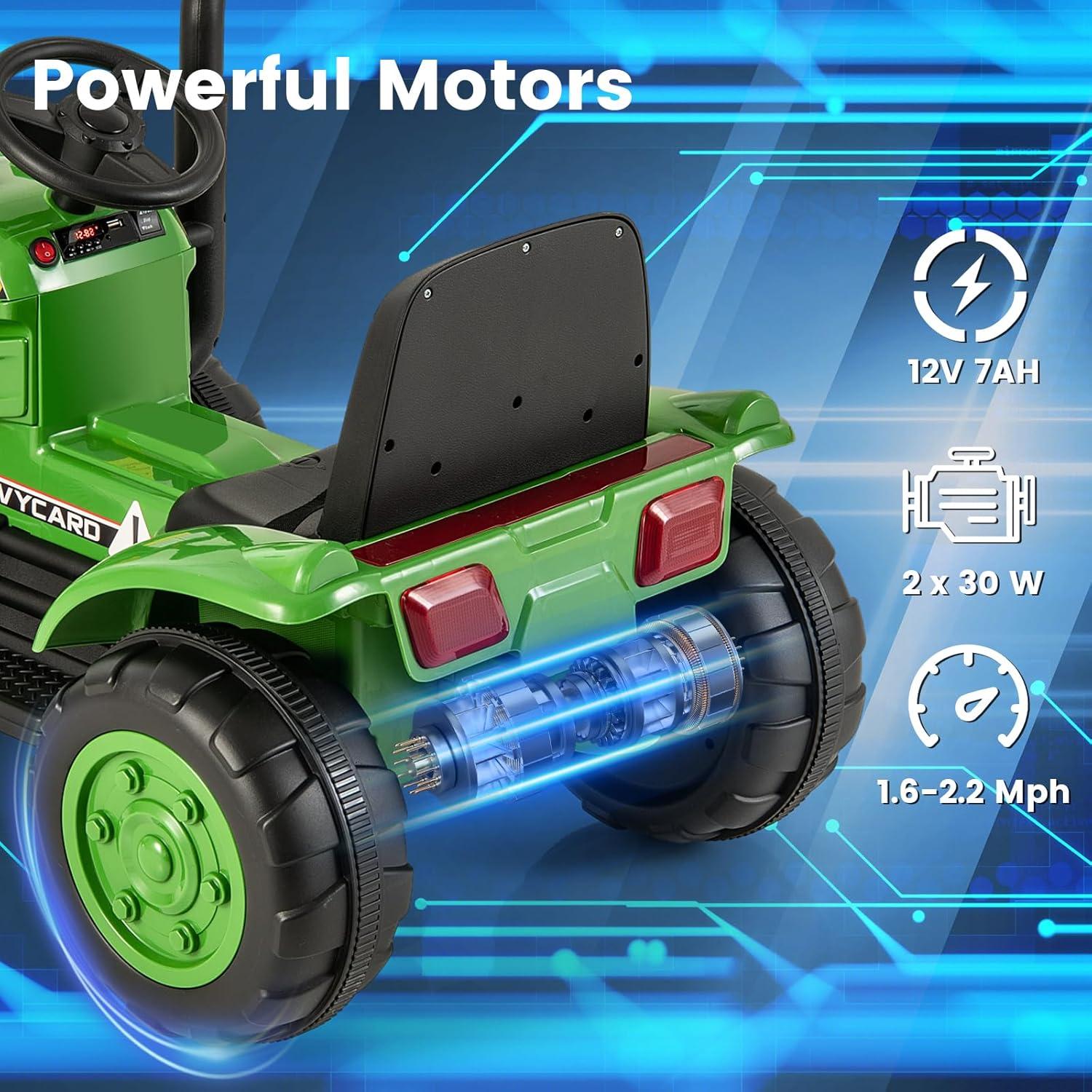 OLAKIDS 12V Kids Ride on Tractor, Battery Powered Motorized Electric Car with Trailer, Dual Motors, Remote Control, Light, Music, USB, Toddler Vehicle Toys for Boys Girls