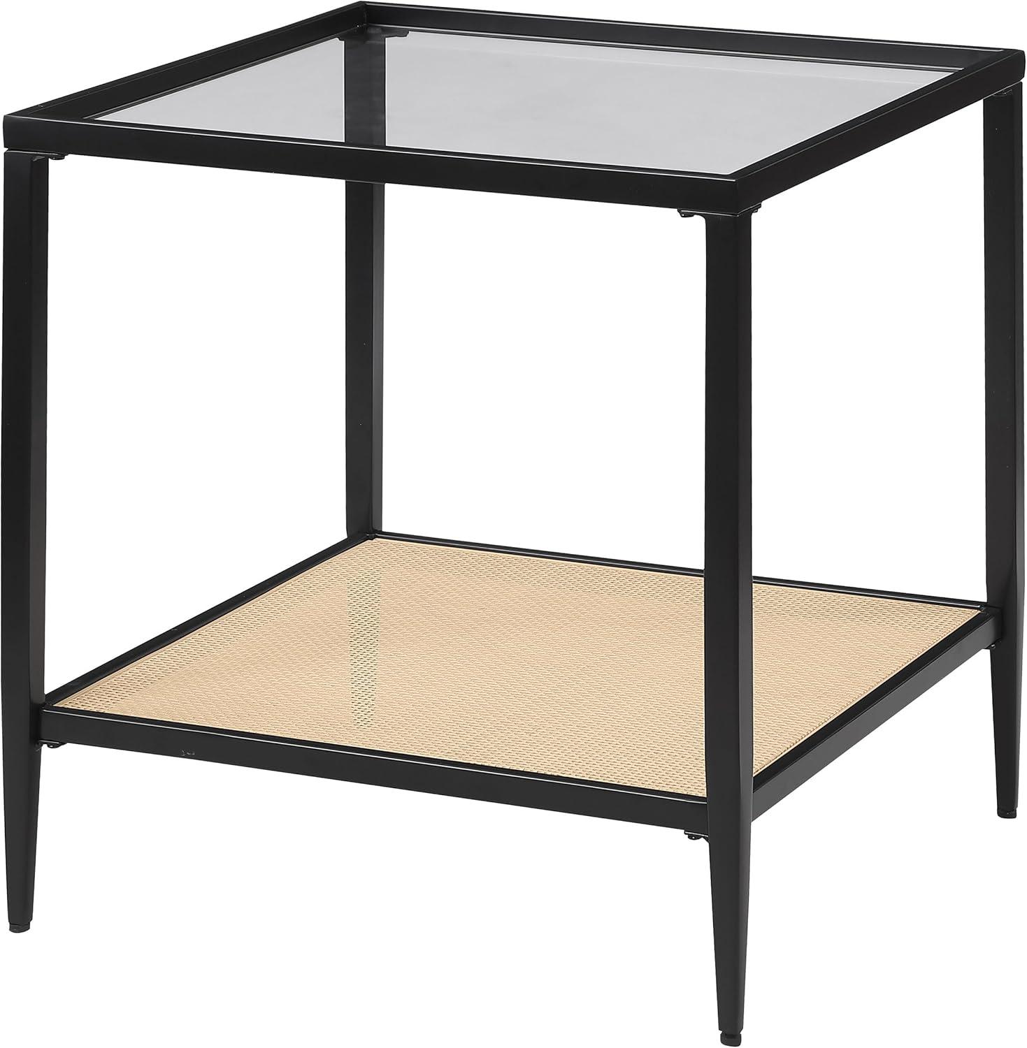 Black Metal and Glass Square End Table with Cane Shelf