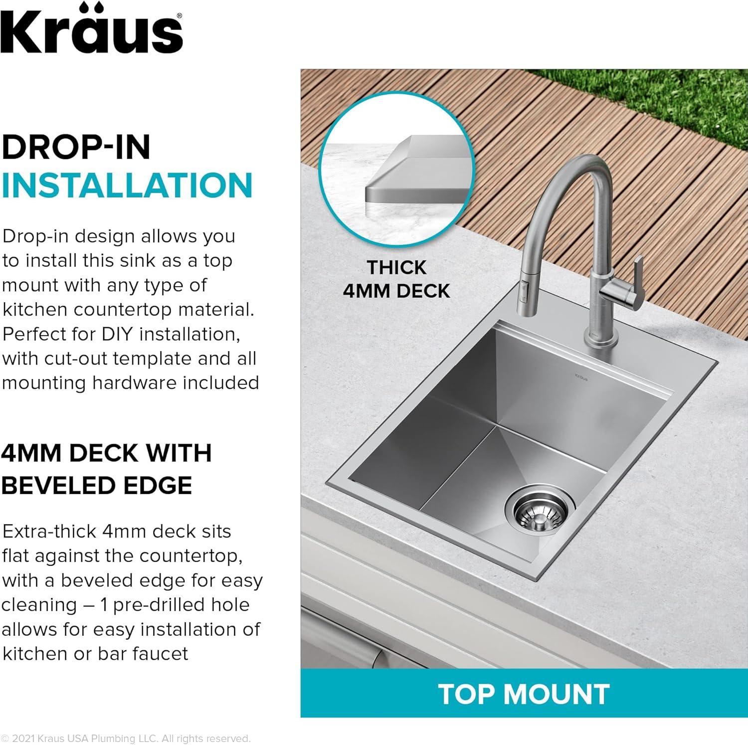 KRAUS Kore™ 15" L Outdoor Workstation Drop-In 16 Gauge Marine Grade T-316 Stainless Steel Single Bowl Kitchen Bar Sink