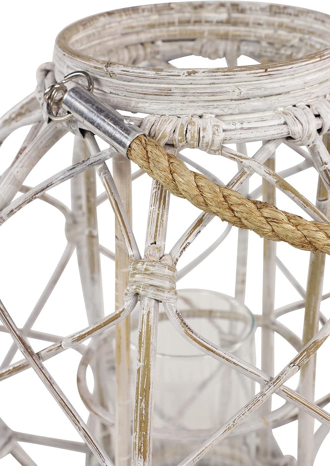 Decmode Large Round Woven Rattan White Lantern with Burlap Jute Rope Handle and Glass Insert, 15” x 15”