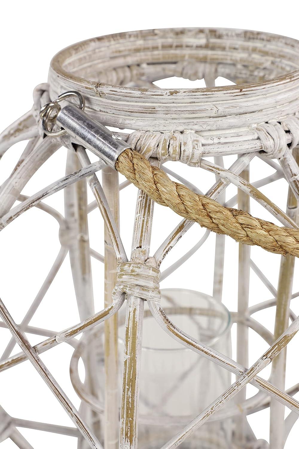 Decmode Large Round Woven Rattan White Lantern with Burlap Jute Rope Handle and Glass Insert, 15” x 15”