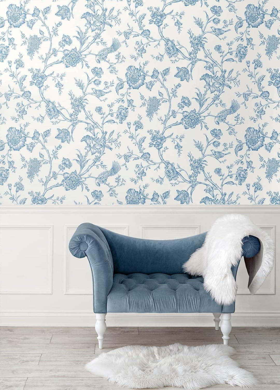 NextWall Carolina Blue Jasmine Chinoiserie Peel and Stick Wallpaper