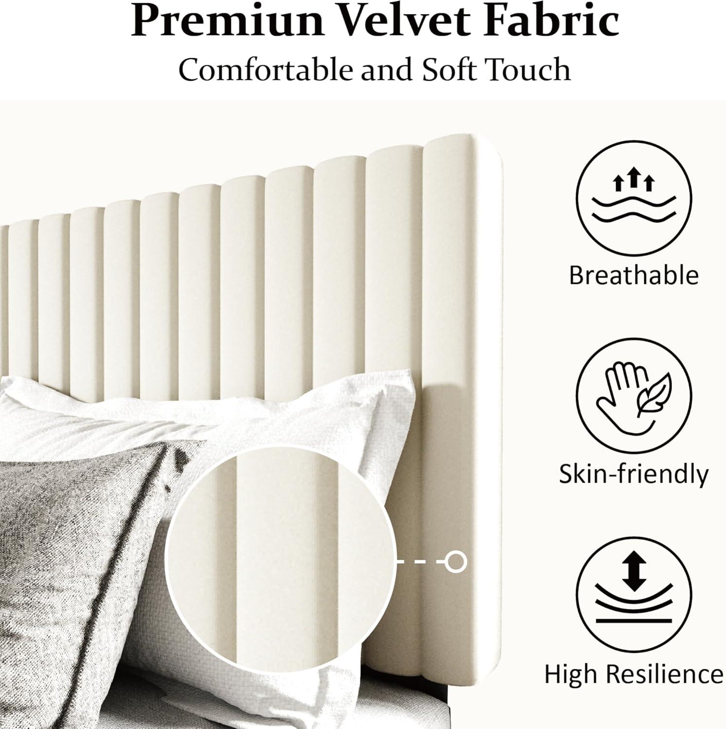 Full Bed Frame with Velvet Upholstered Headboard and Solid Wood Slats, Box Spring Optional, Mattress Base, Easy to Assemble, Beige