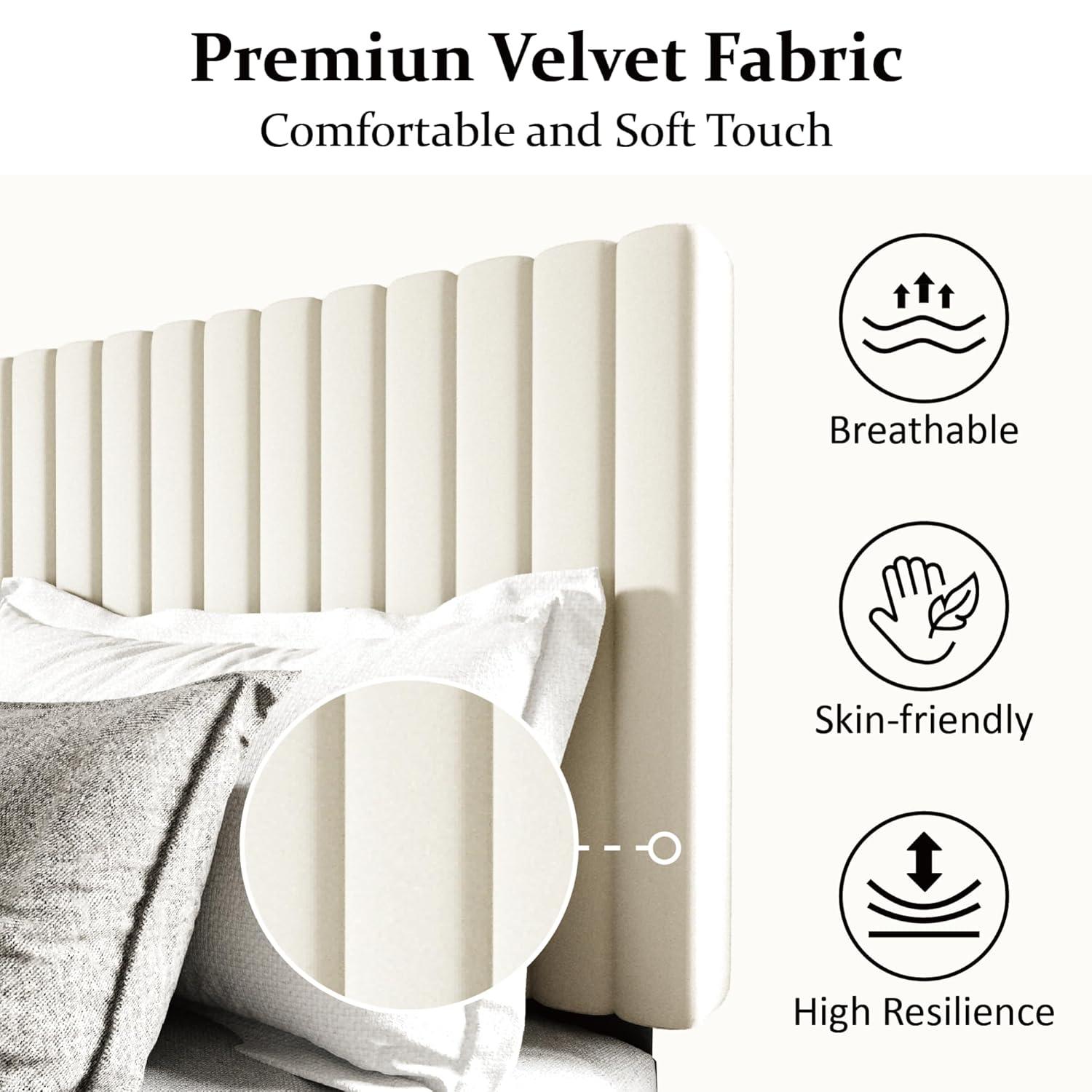 Full Bed Frame with Velvet Upholstered Headboard and Solid Wood Slats, Box Spring Optional, Mattress Base, Easy to Assemble, Beige