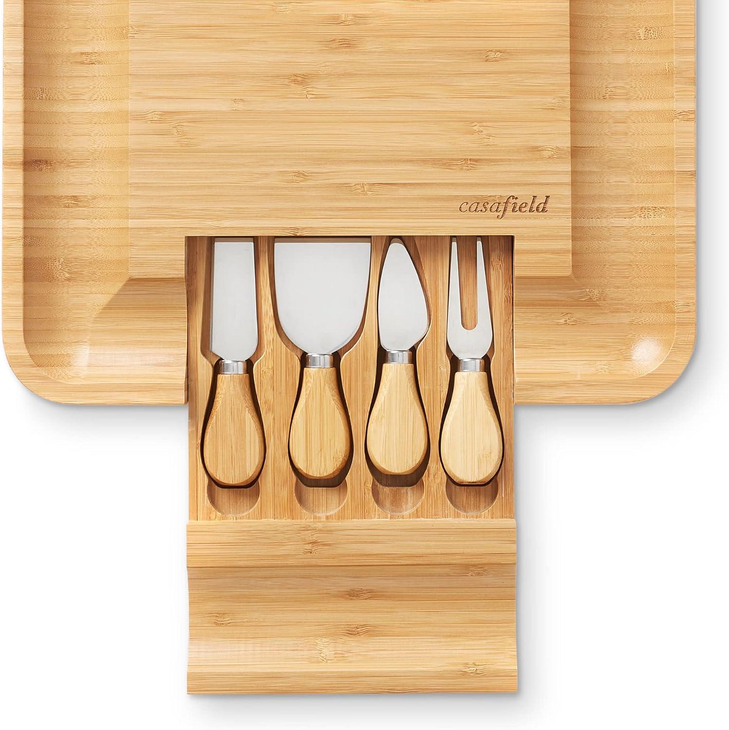 Casafield Bamboo Cheese Cutting Board & 4pc Knife Gift Set - Wooden Charcuterie Serving Tray for Cheese, Meat, Fruit & Crackers