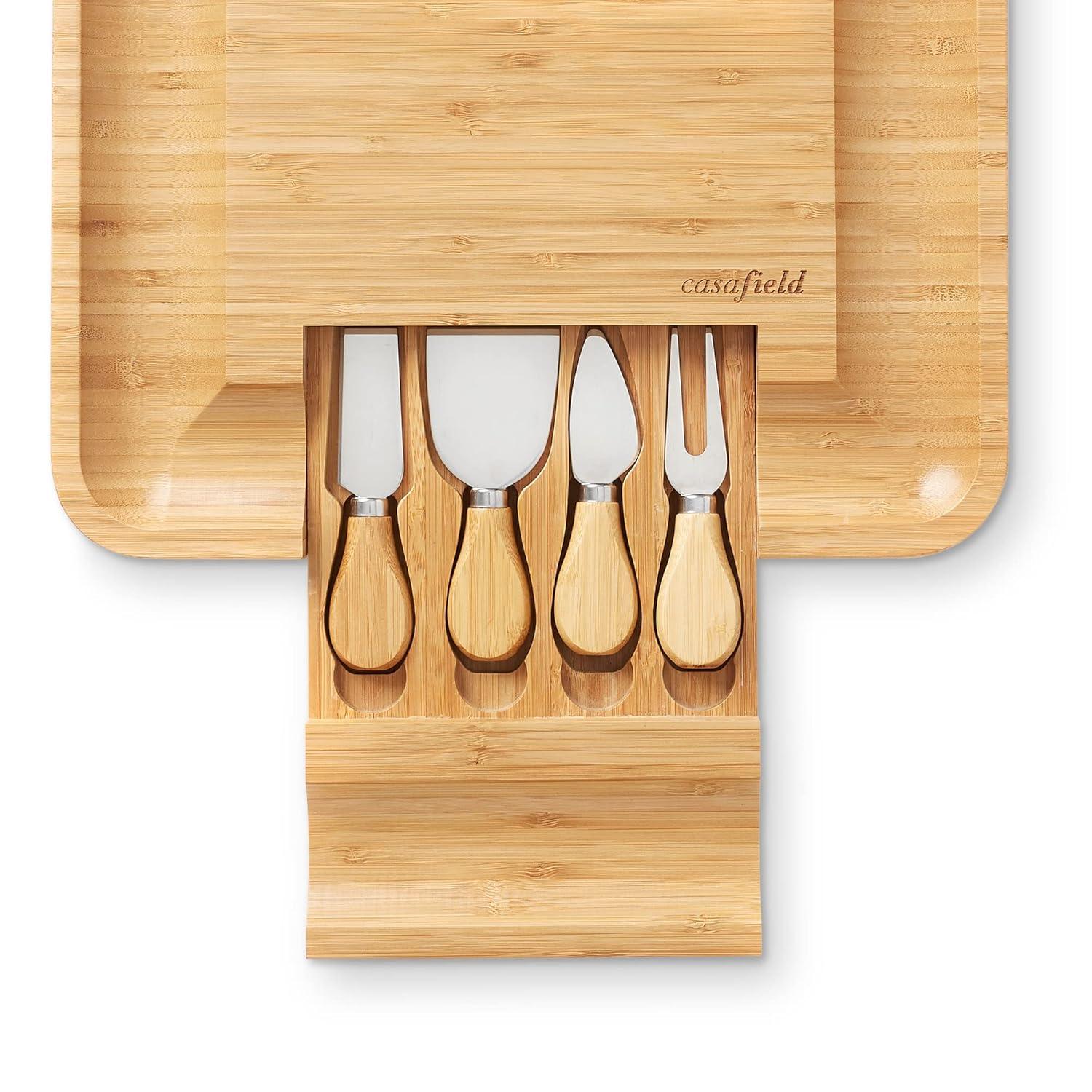 Casafield Bamboo Cheese Cutting Board & 4pc Knife Gift Set - Wooden Charcuterie Serving Tray for Cheese, Meat, Fruit & Crackers