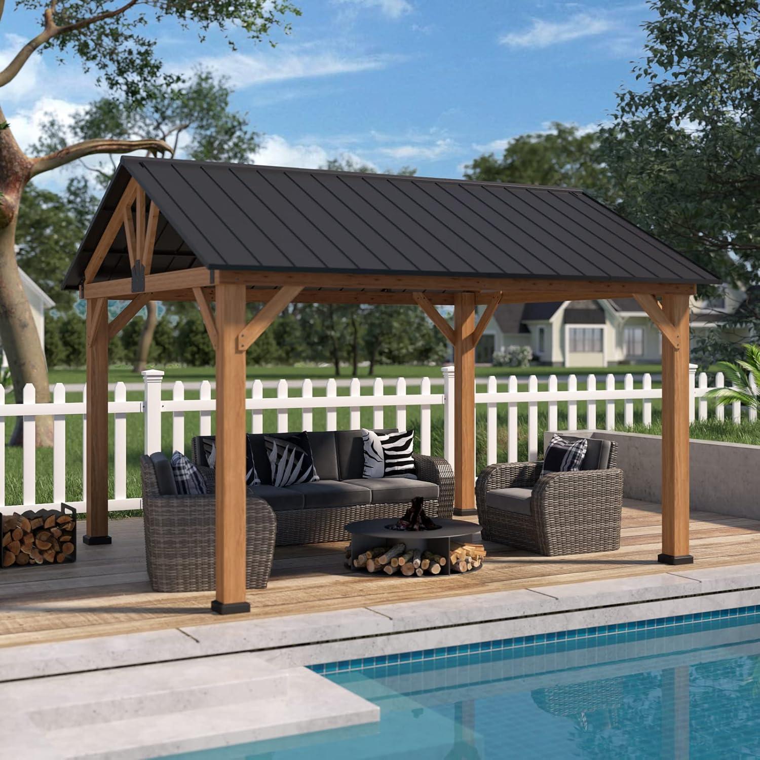 Eagle Peak 15x13 Cedar Wood Patio Gazebo with Black Steel Roof