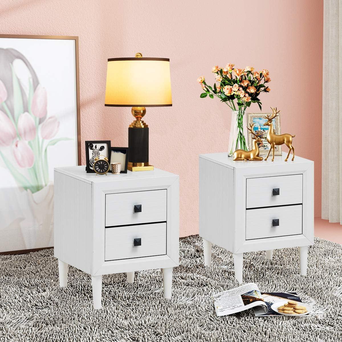 Resenkos Retro Nightstand Set of 2, End Table Side Table with 2 Drawers, Storage Cabinet for Bedroom, Living Room, White