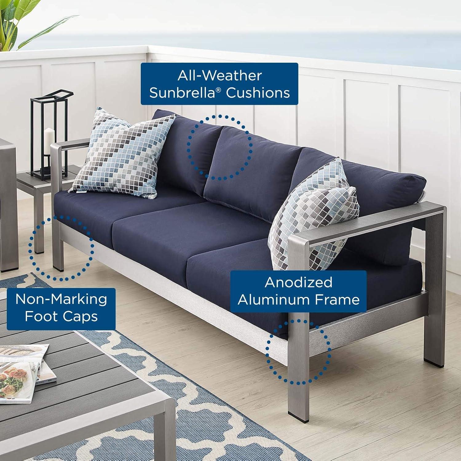 Ergode Shore Sunbrella Fabric Aluminum Outdoor Patio Sofa - Silver Navy