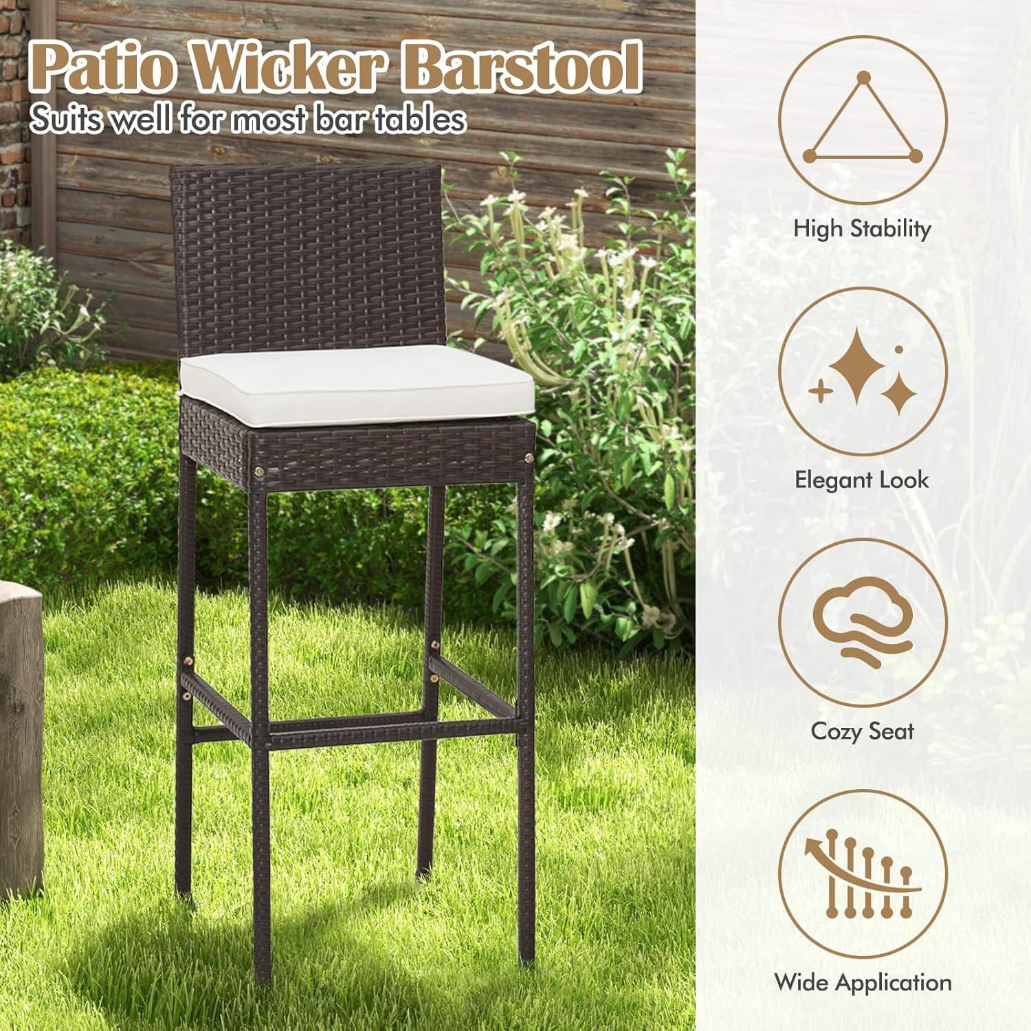 Kepooman Outdoor Bar Stool, 2 Pieces Patio Cushioned Wicker Barstools with Cozy Footrest-Set of 2