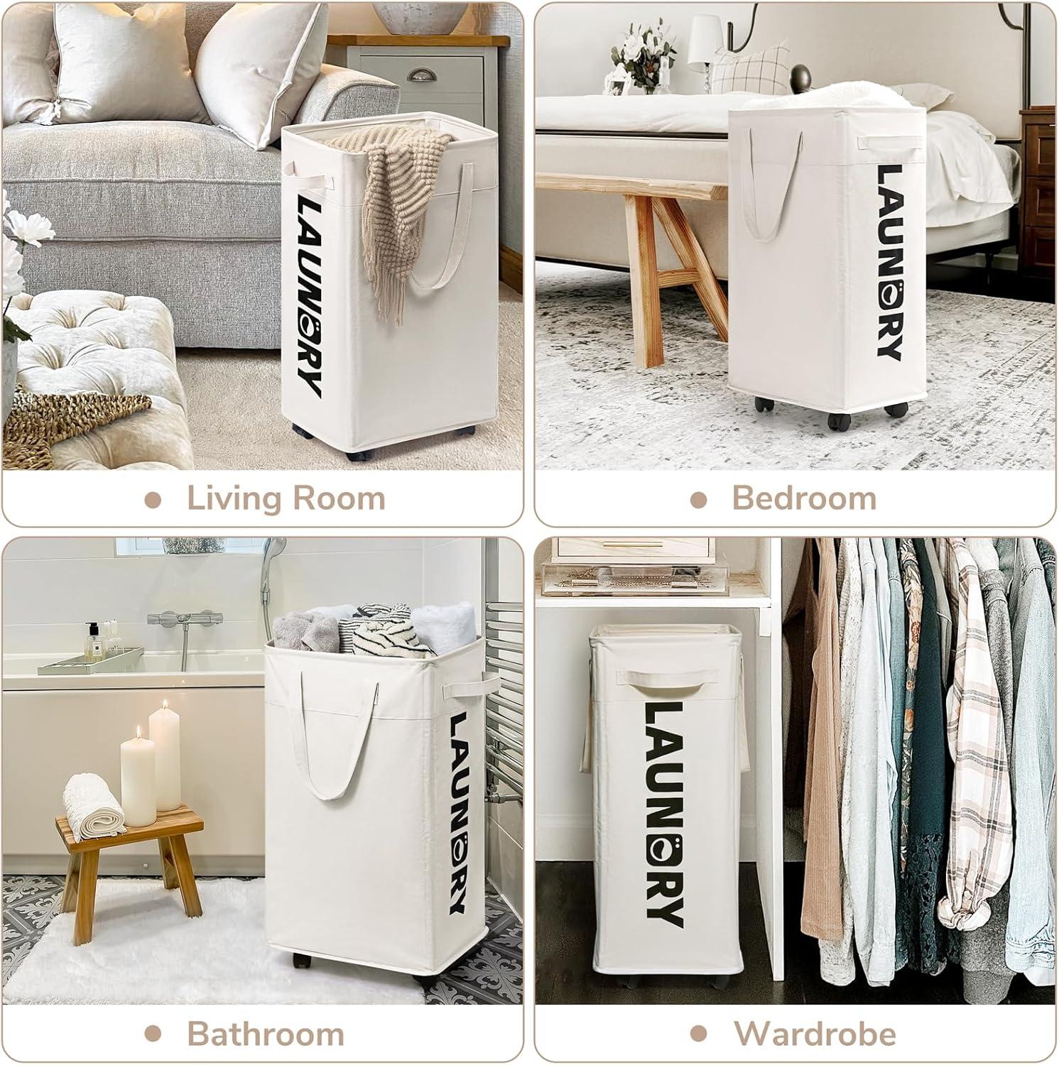 White 75L Upright Laundry Hampers with Wheels and Handles