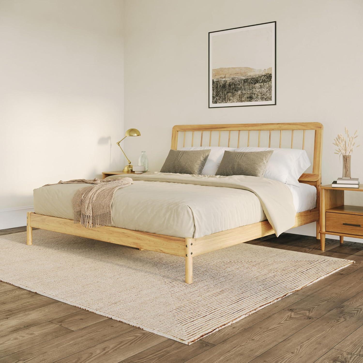 George Oliver Mid-Century Modern Solid Wood King Spindle Bed – Natural Pine