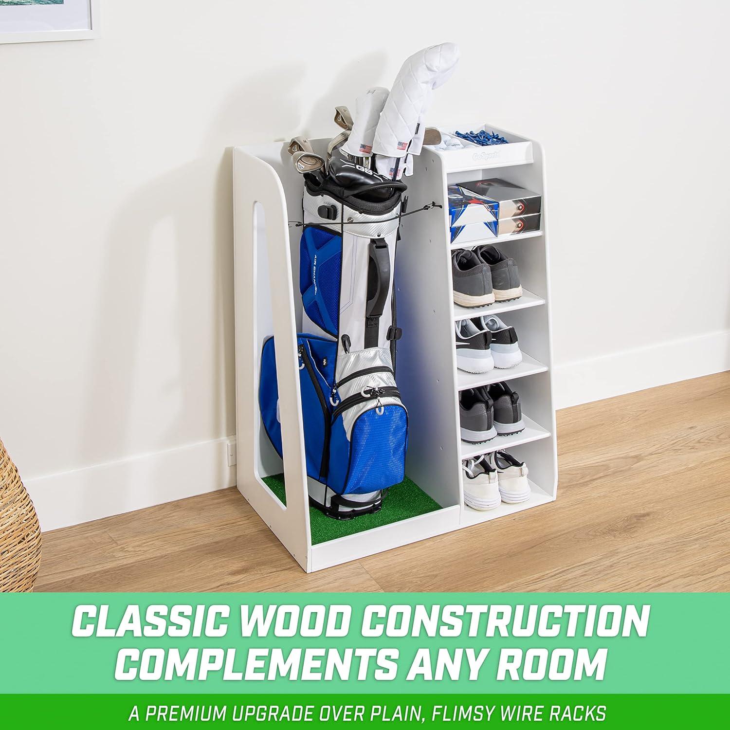 GoSports Premium Wooden Freestanding Golf Bag Organizer and Storage Rack