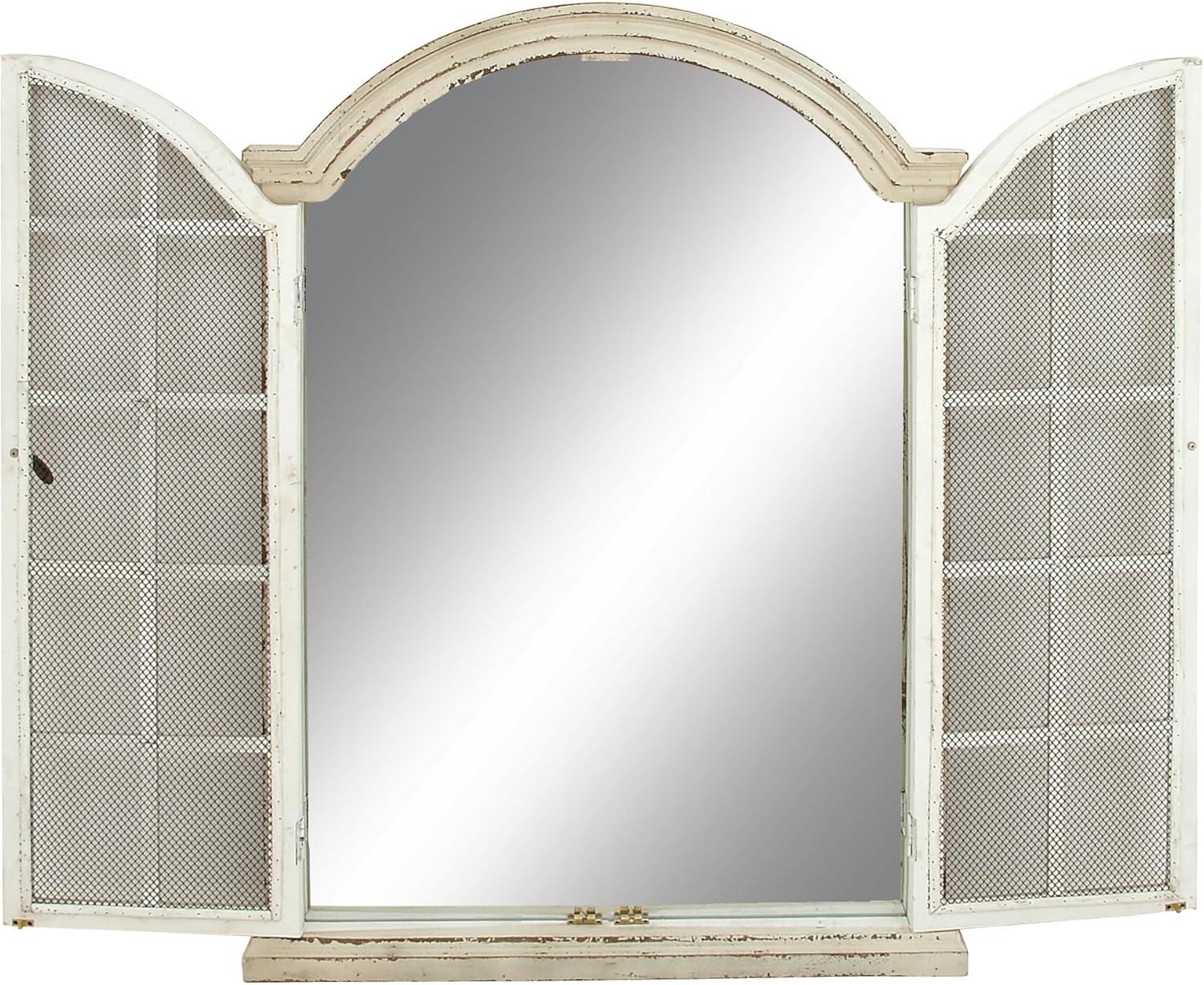 Edmondson Cream Wood Window Panes Inspired Wall Mirror w/ Arched Top and Distressing