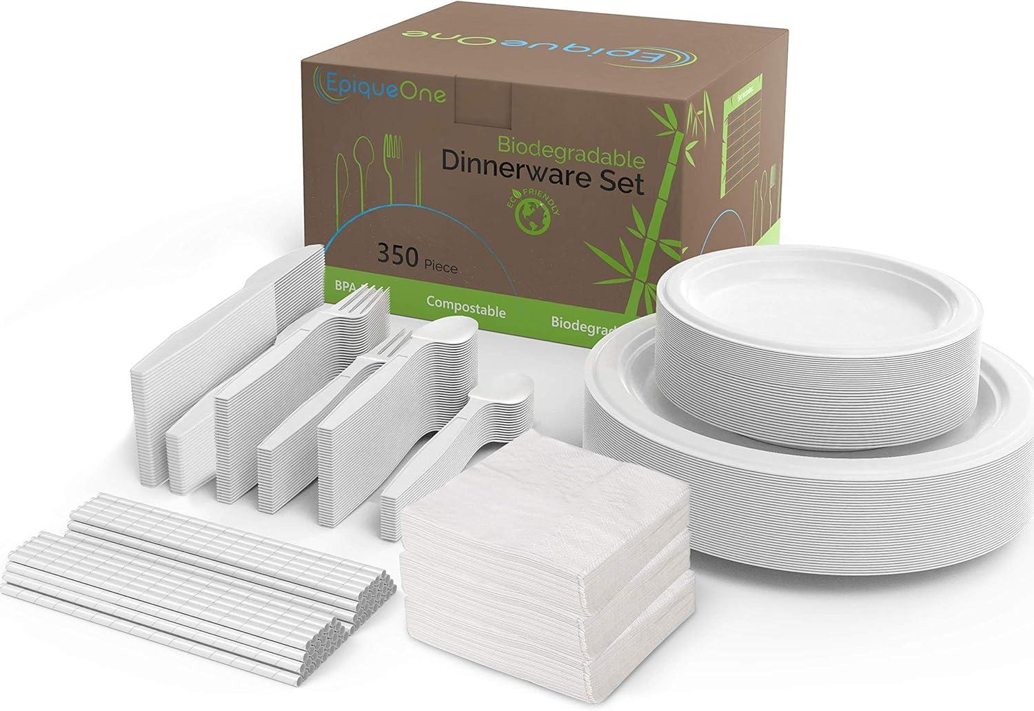 EpiqueOne 350-Piece Disposable Paper Plates Party Set | With Spoons, Forks, Knives, Plates, Straws & Napkins | Microwave & Freezer Safe | Heavy-Duty Dinnerware | Ideal for Parties, Camping & More