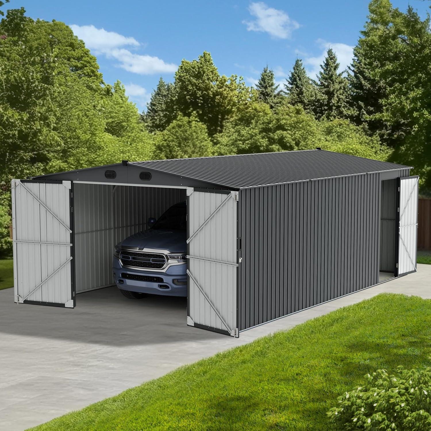 Sunjoy Sunjoy Outdoor Storage Shed 13 x 20 ft. Carport, Patio Metal Utility Large Storage Shed Garage with 2 Doors and 4 Vents, for Car, Truck, Bike, Garbage Can, Tool, Lawnmower