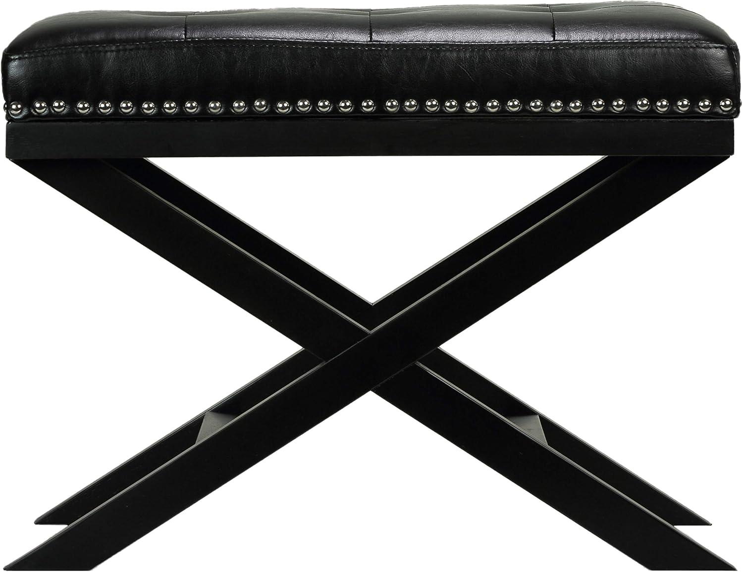 Cortesi Home Kayla Black Traditional X Bench Ottoman in Vinyl with Nailhead Trim