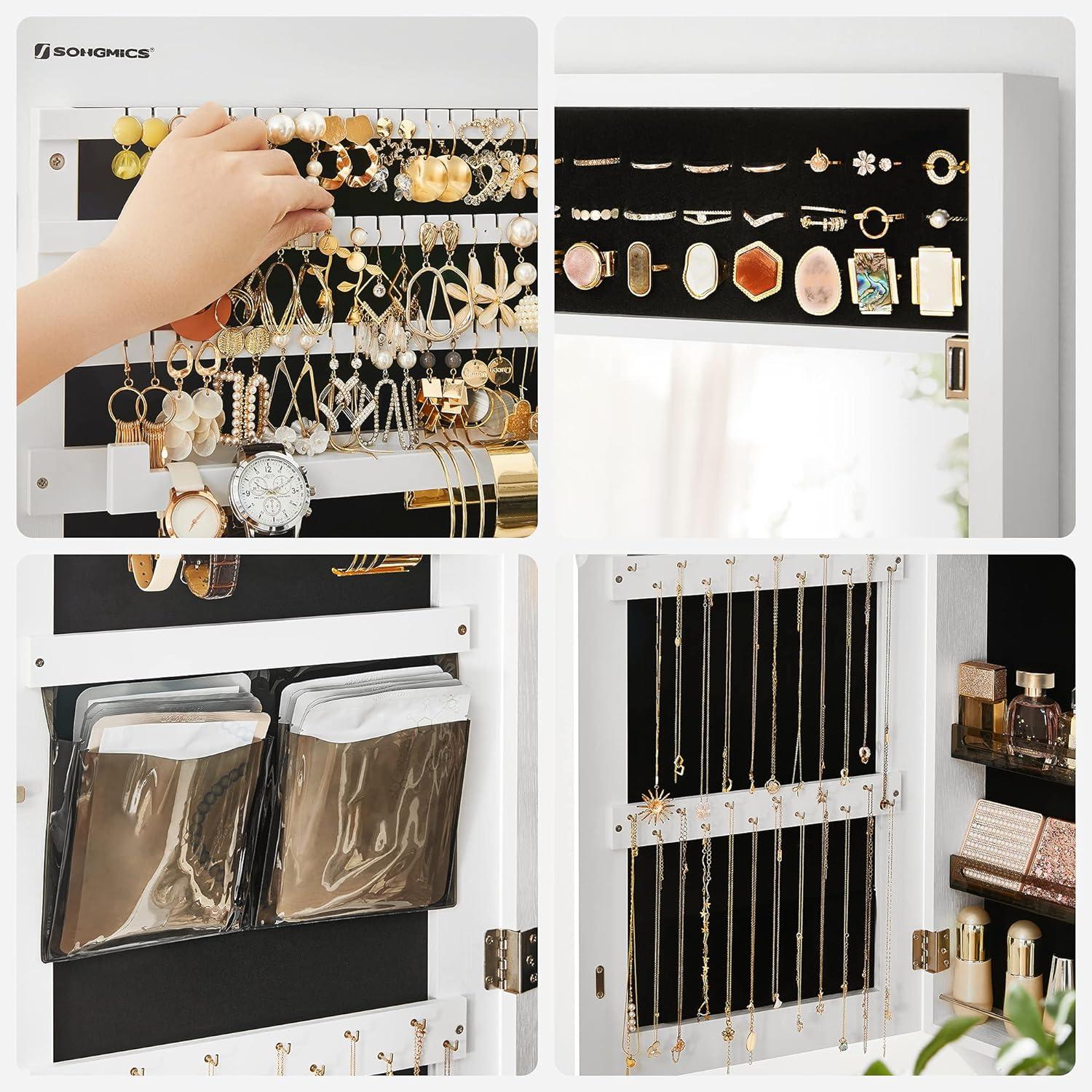 SONGMICS Jewelry Armoires Wall/Door Mount Jewelry Storage Cabinet Organizer Box Full-Length Mirror with Built-in Small Mirror Jewelry Shelves Gift White