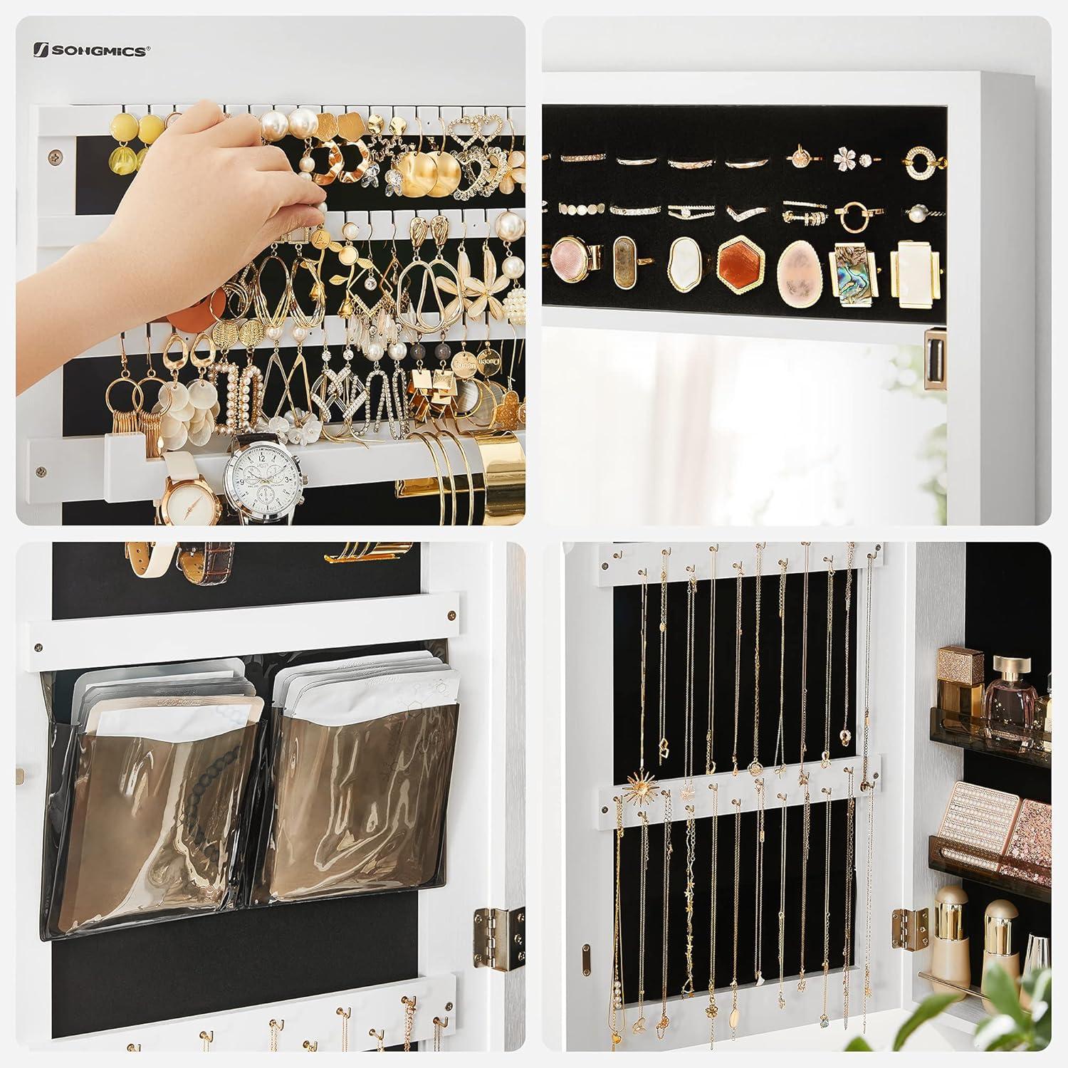 SONGMICS Jewelry Armoires Wall/Door Mount Jewelry Storage Cabinet Organizer Box Full-Length Mirror with Built-in Small Mirror Jewelry Shelves Gift White