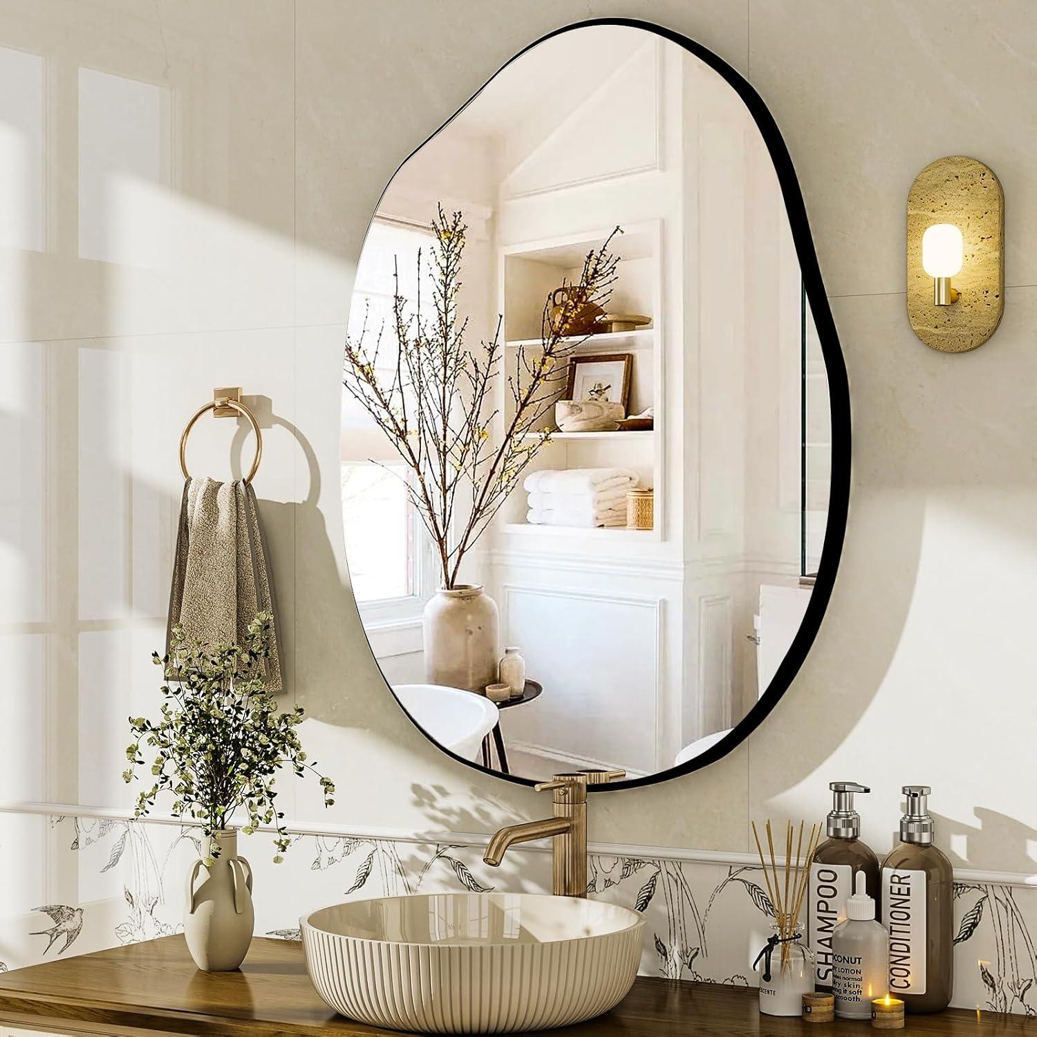 HARRITPURE Irregular Wall Mirror 26"x38" Black Asymmetrical Bathroom Mirror Wood Framed Modern Decorative Vanity Mirrors for Bedroom Living Room Entryway