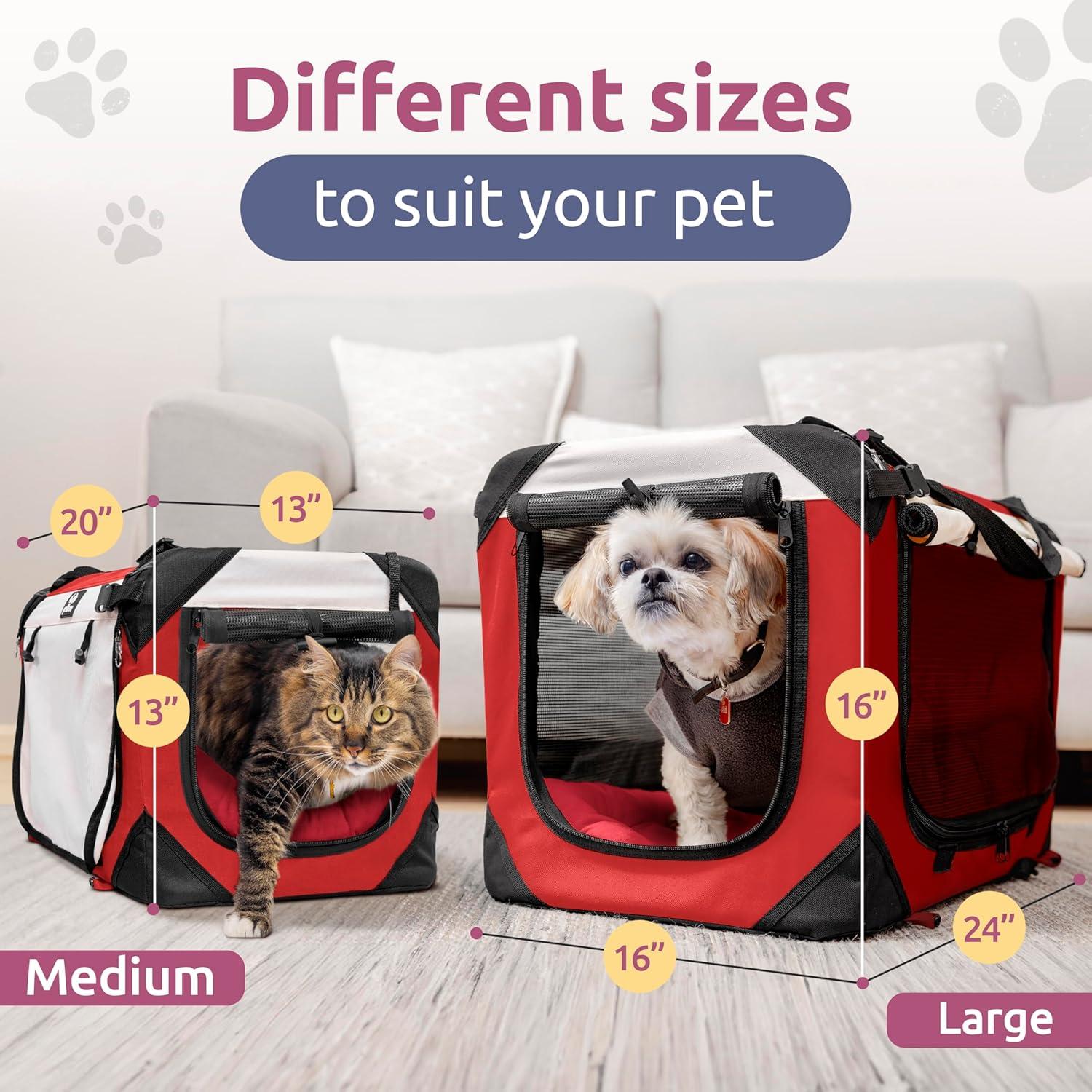 PetLuv Cat & Dog Carrier Foldable Pet Travel Crate, Removable Plush Pillow, Privacy Windows, Locking Zippers, Pocket, Seatbelt Straps, Medium Red